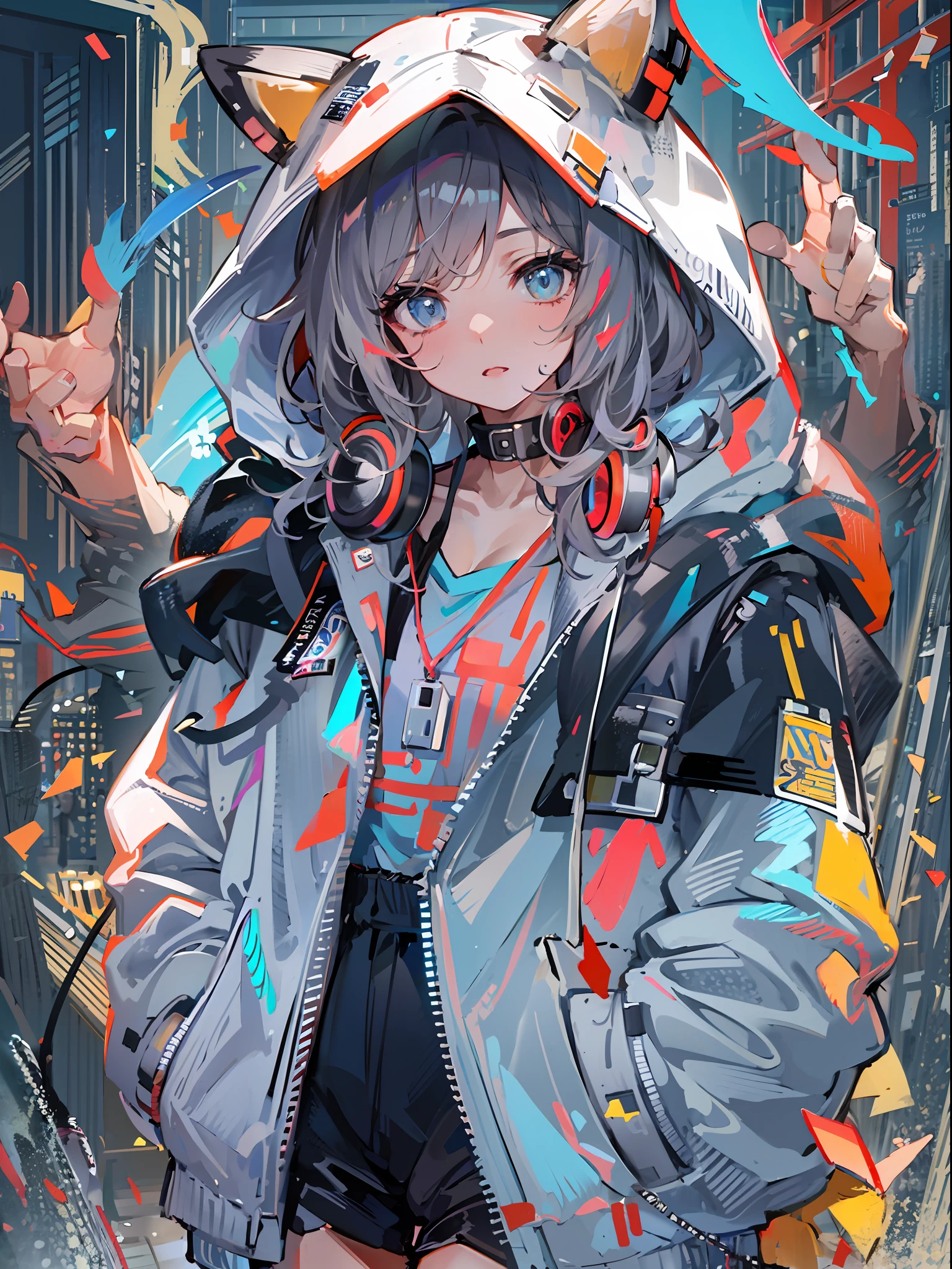 8K分辨率、((top-quality))、((masterpiece))、((ultra-detailliert))、1 woman、独奏、incredibly absurdness、Oversized hoodies、headphones、Street、plein air、Sateen、Neon Street、Shortcut Hair、Brightly colored eyes、Hands in pockets、shortpants、water dripping