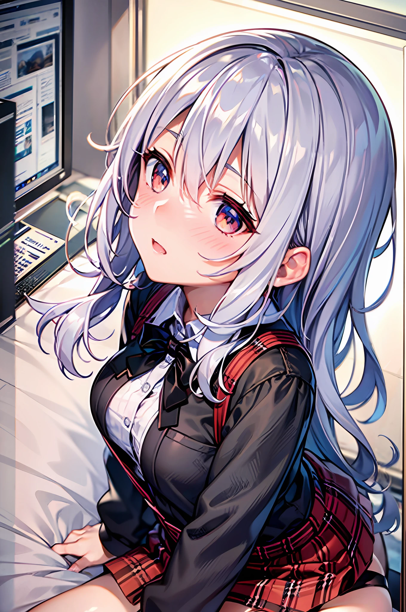 {Best Quality}, {ultra-detailliert}, {very detailed illustration}, Top image quality，silber hair, Aimei, embarrassed from，breastsout，red blush，Black tie，{Suspender Skirt}，suspenders，skirt by the，long-sleeve，Casual clothing，a bed，all-fours，{bustup}，front-facing view，
