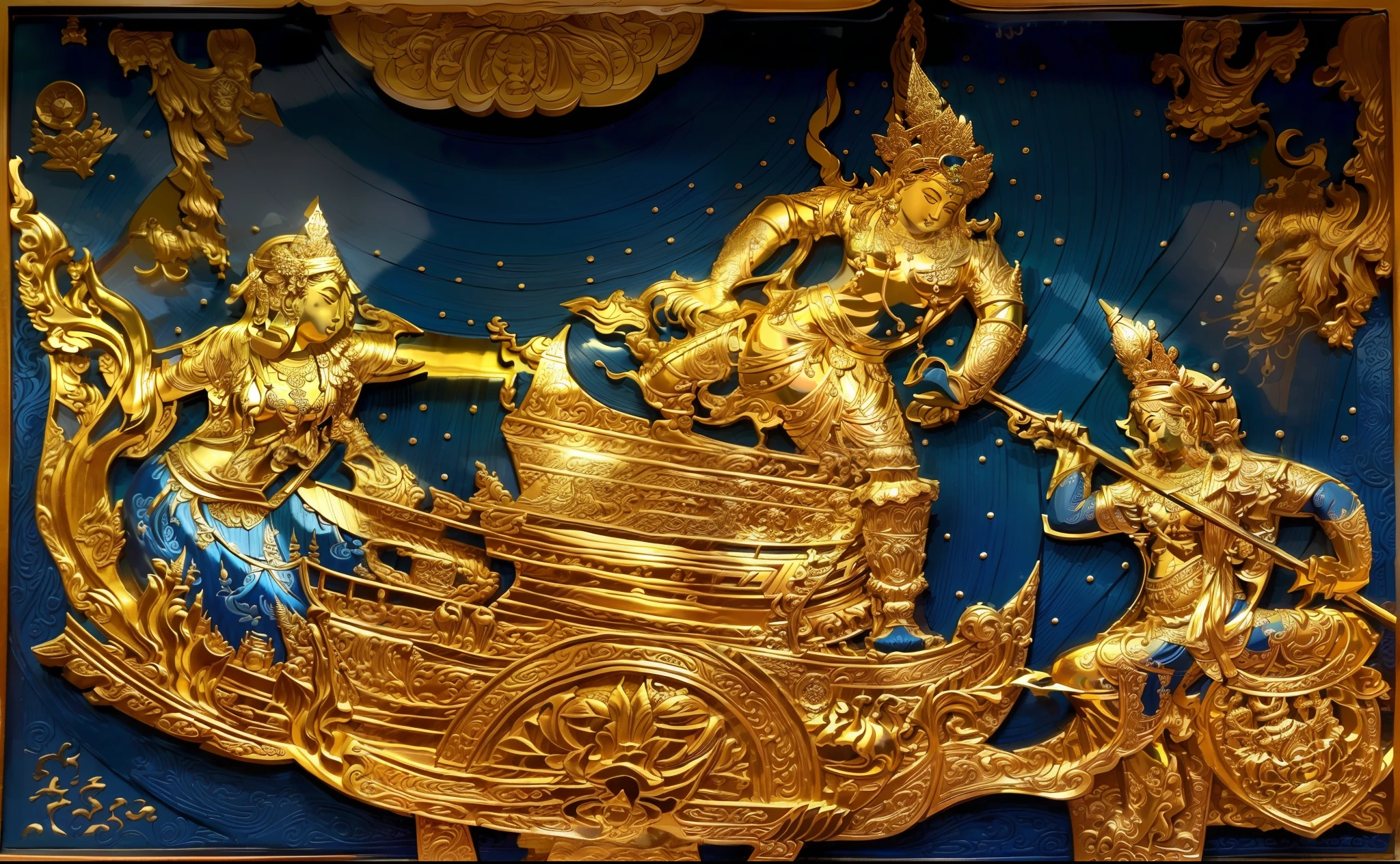 There is a blue book with drawings of ships on it.., etched relief, Very complex intaglio., Very detailed., Unknown Artist, Highly detailed engraving, Embossed carving, Inlaid Gold, Intricate engraving, gravure, Blue wood grain print, Wood cutting, Intricately detailed engraving, Thai art, Unknown Artist, Wooden Block, carving, Part of the screen