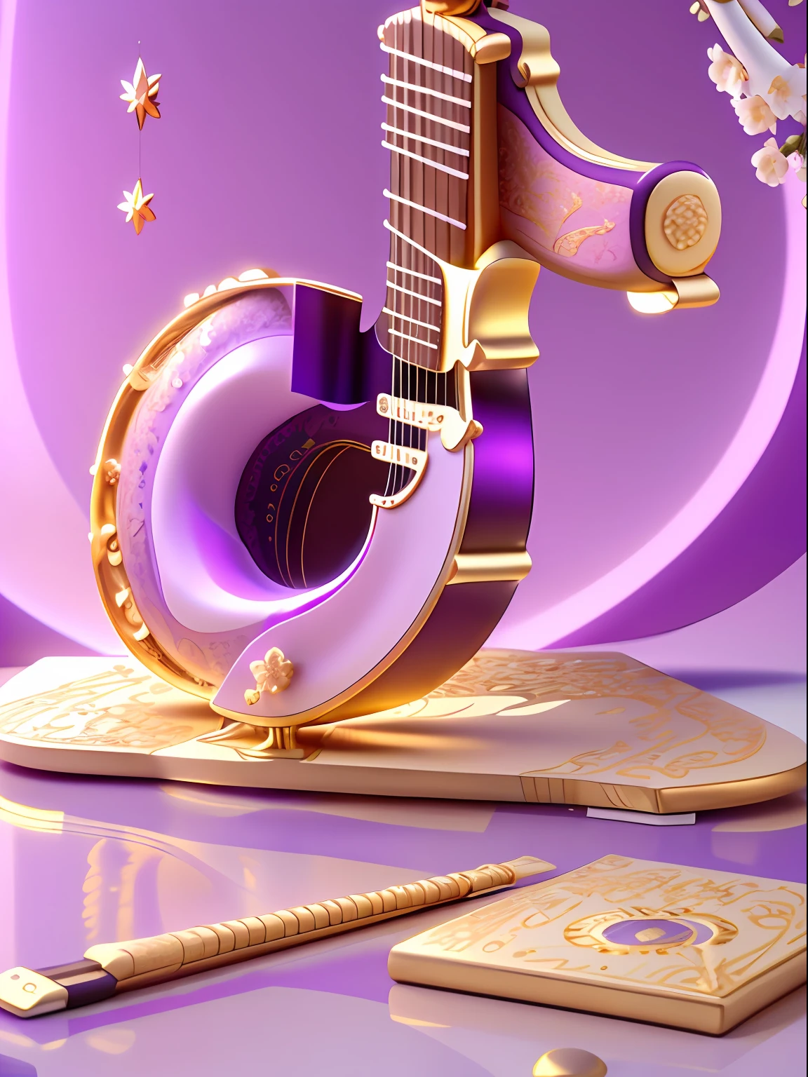 kosmos,Purple white,fond violet,starrysky:2,Golden curves,TikTok symbols(Internal guitar,microphones,Kim Violin,Golden magnolia flowers:2,Golden Bamboo),Gold plastic armor,Funeral style,Xianxia TV series