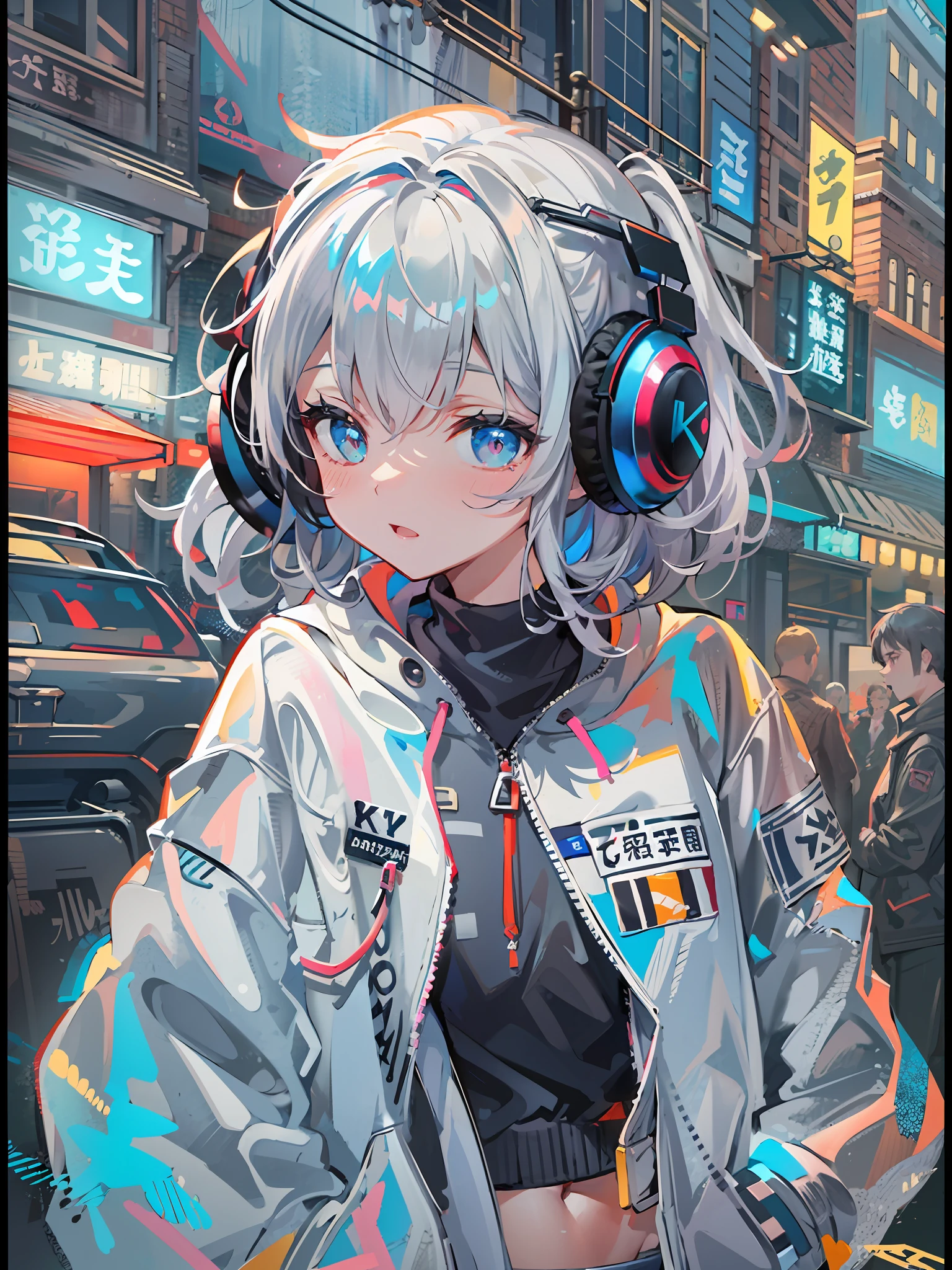 8K分辨率、((top-quality))、((masterpiece))、((ultra-detailliert))、1 woman、独奏、incredibly absurdness、Oversized hoodies、headphones、Street、plein air、Sateen、Neon Street、Shortcut Hair、Brightly colored eyes、Hands in pockets、shortpants、water dripping
