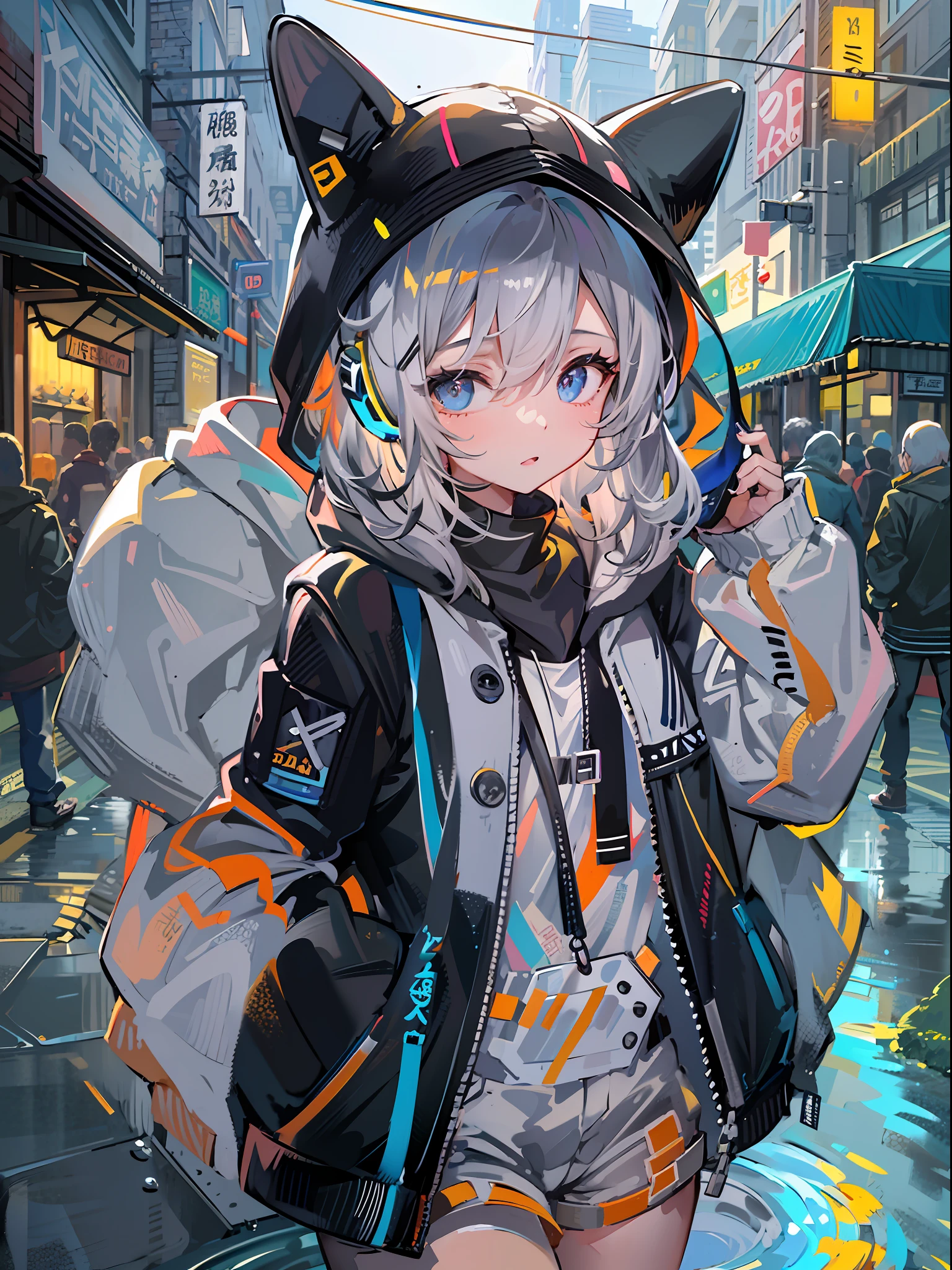 8K分辨率、((top-quality))、((masterpiece))、((ultra-detailliert))、1 woman、独奏、incredibly absurdness、Oversized hoodies、headphones、Street、plein air、Sateen、Neon Street、Shortcut Hair、Brightly colored eyes、Hands in pockets、shortpants、water dripping