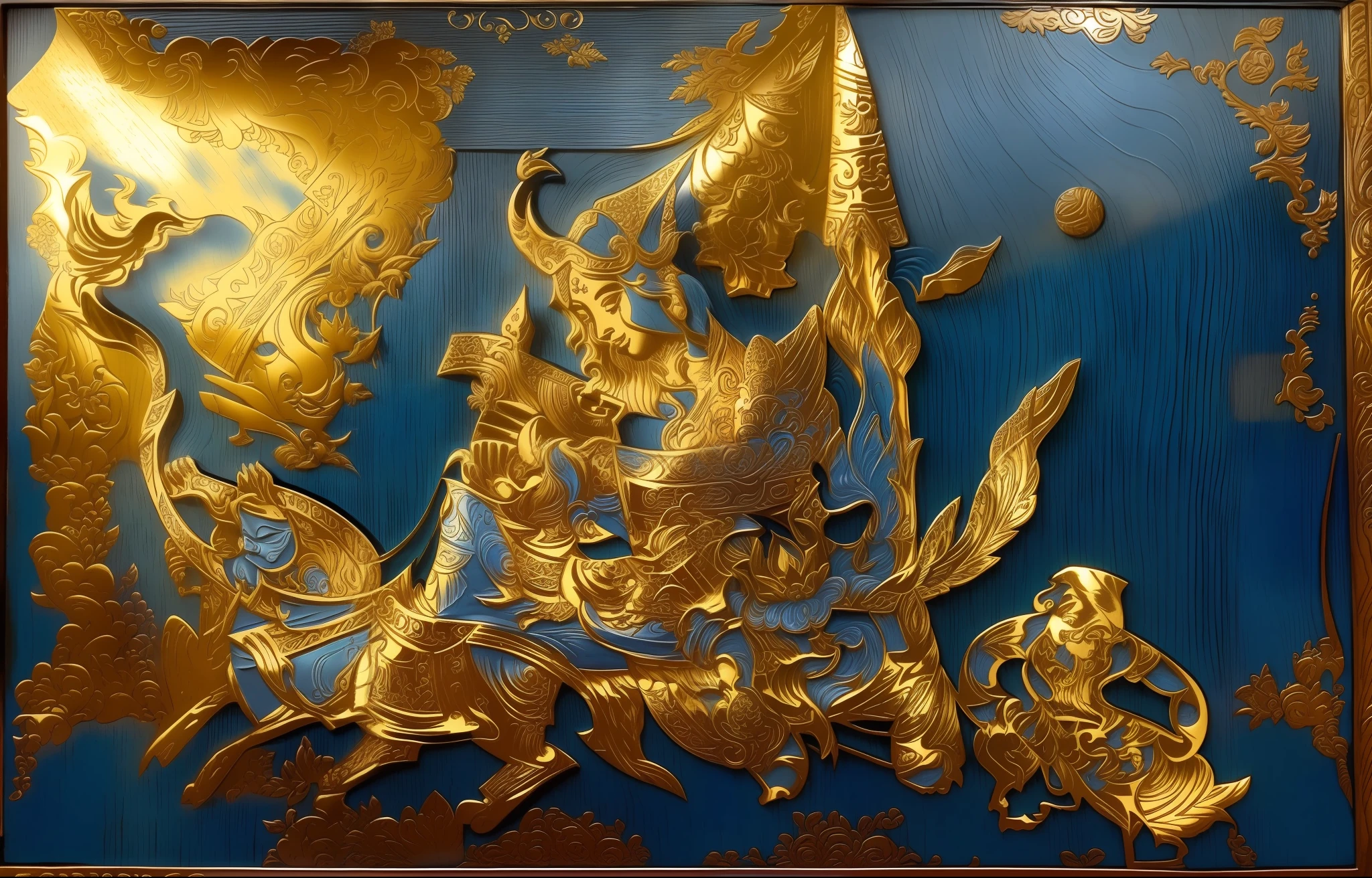 There is a blue book with drawings of ships on it., etched relief, Very complex intaglio, very detailed., Unknown Artist, Highly detailed engraving, Embossed carving, Gold Buried, Intricate engraving, gravure, Blue wood grain print, Wood cutting, Intricately detailed engraving, Thai art, Unknown Artist, Wooden Block, carving, Part of the screen