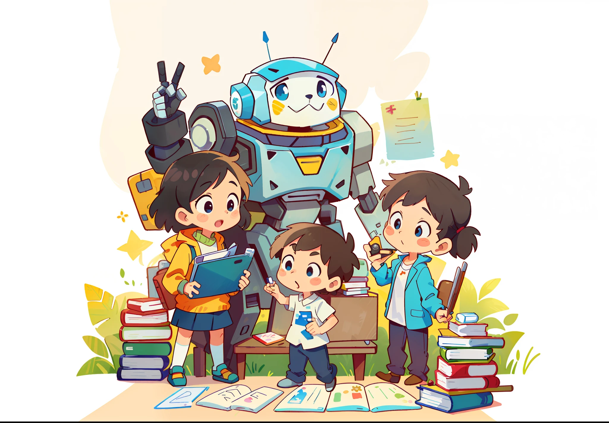 (best quality:1.4), Simple watercolor painting, 
(Simple design:1.3),(robot teacher is having a class:1.2), 
(blackboard and chalk:1.1), book, ruler, magnifying glass, 
stickers, (concise picture:1.2), clean picture, 2d style,
kids book illustration, adorable friendly robot, beautiful robot character design, by Giorgio Cavallon