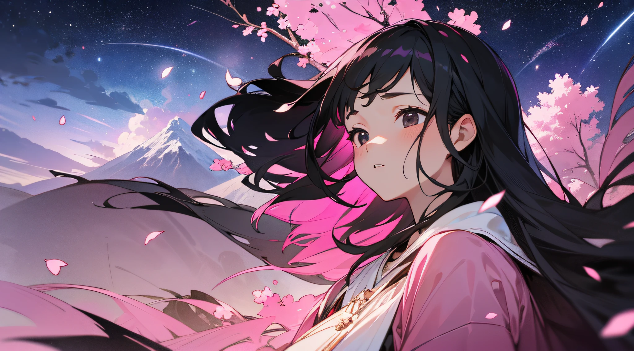 【Highest quality, masterpiece】 [Girl, upper garment, facial expression, black eyes, front facing, black hair, walking, upper body] (Night starry sky, giant old tree, glowing pink petals in the back, pink petals glowing in the back, shrine in the back, mountain background, blowing wind, meteor cloud)