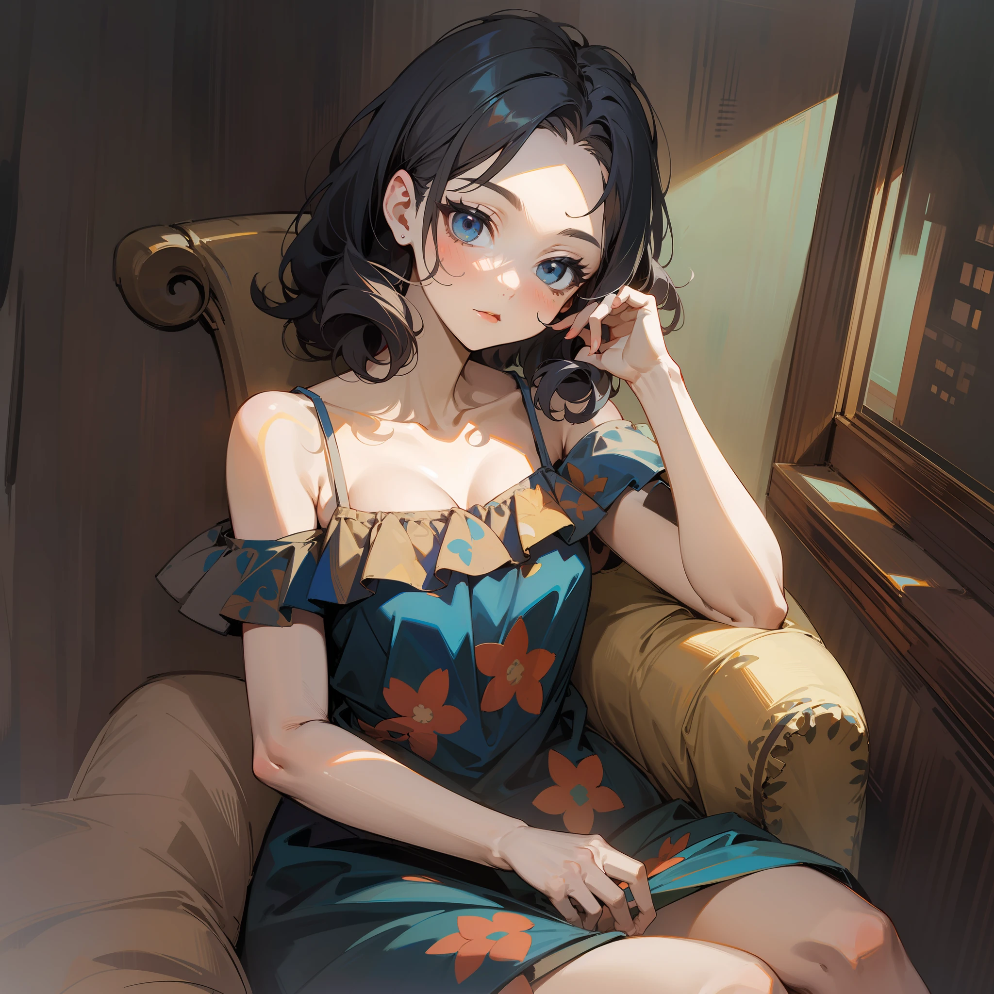 Paintings of Mucha and Vermeer、Girl with bob hair、Floral Camisole Dresses、
