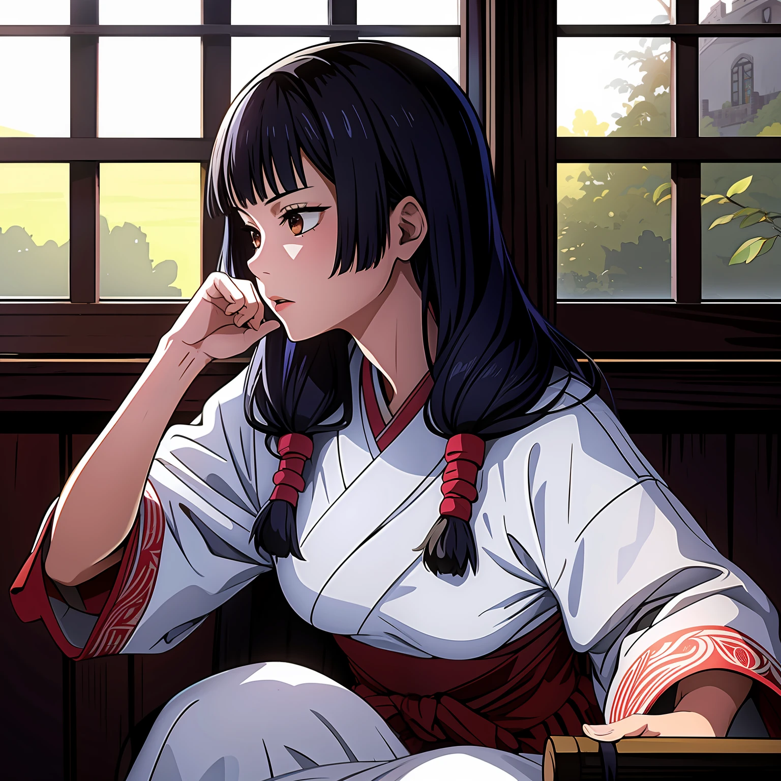 masutepiece, ((hyper detailed background, Delicate pattern, intricate detailes)), (Highly detailed, Fine details), Best Quality, Beautiful lighting, ((medium breasts, Slim Girl)), songstress, 1girl in, Solo, Black hair, Long hair, Brown eyes, Komono, Twin-tailed, shrine maiden, Blunt bangs, Red Hakama, intricate detailed background, Inside, castle room environment, a medieval castle, Gray walls, window, bookshelf,