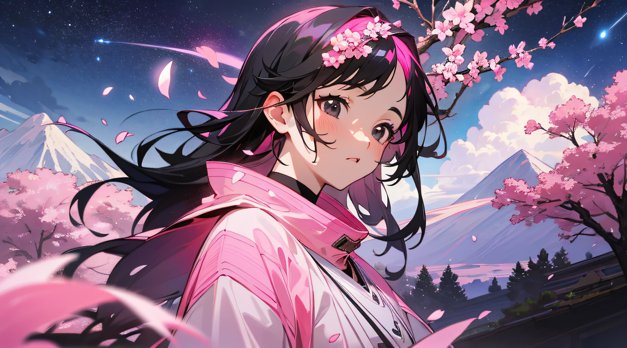 【Highest quality, masterpiece】 [Girl, upper garment, facial expression, black eyes, front facing, black hair, walking, upper body] (Night starry sky, giant old tree, glowing pink petals in the back, pink petals glowing in the back, shrine in the back, mountain background, blowing wind, meteor cloud)