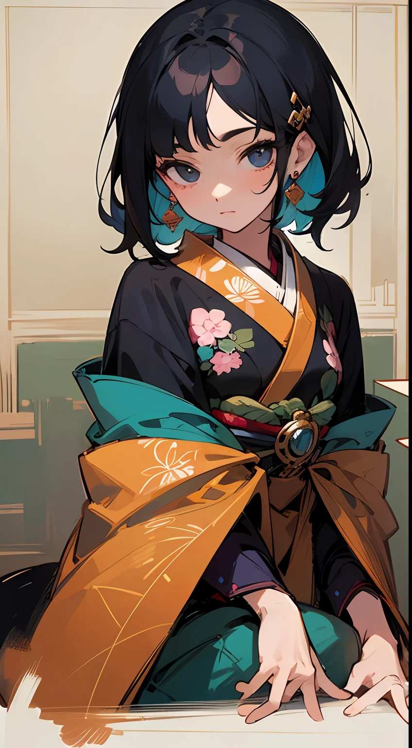 (Masterpiece, Top quality, Best quality, offcial art, Beautiful indulgence: 1.2), (Japanese dress), arms back behind, (Upper body only), (1 girl: 1.3), Japan  Woman, Very detailed, Colorful, best detail ((Super detailed)), (Very detailed 2DCG illustration), (((Very delicate and beautiful)) (Seated), Expressionless, Black hair, kanzashi, Earrings --auto --s2