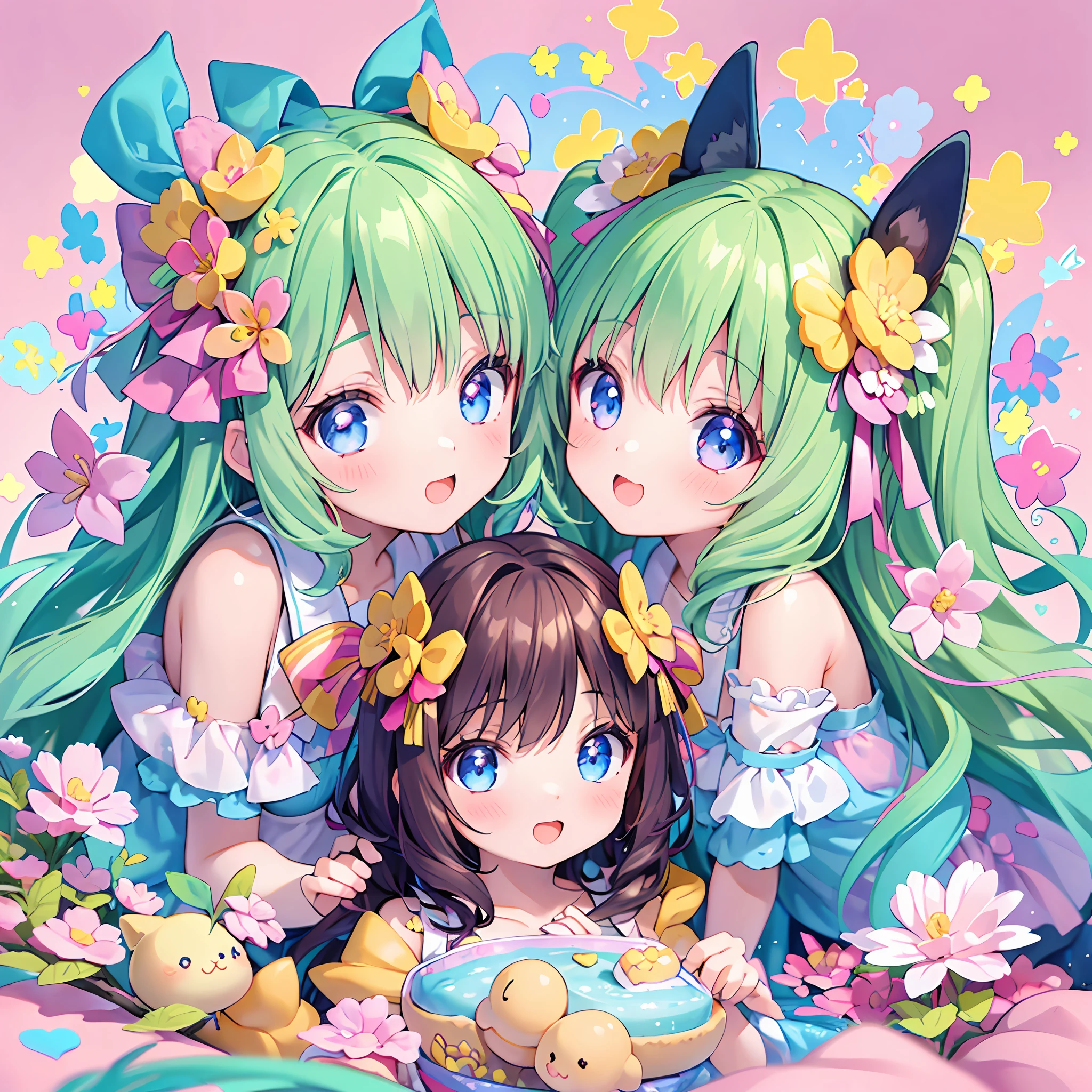 masterpiece, (million 2girls and 2girls and 2girls and 2girls), idol, closeup, big eyes, kawaiitech, kawaii, cute, pastel colors, best quality, happy, deep background, symmetrical, tilted head, spring