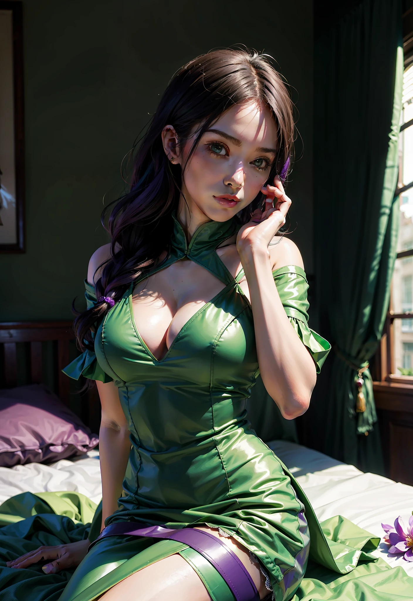 araffe dressed in a green and purple outfit sitting on a bed, extremely detailed artgerm, style artgerm, ross tran 8 k, in the style artgerm, ! dream artgerm, ig model | artgerm, wlop and artgerm, artgerm lau, in the style of ross tran, style of artgerm