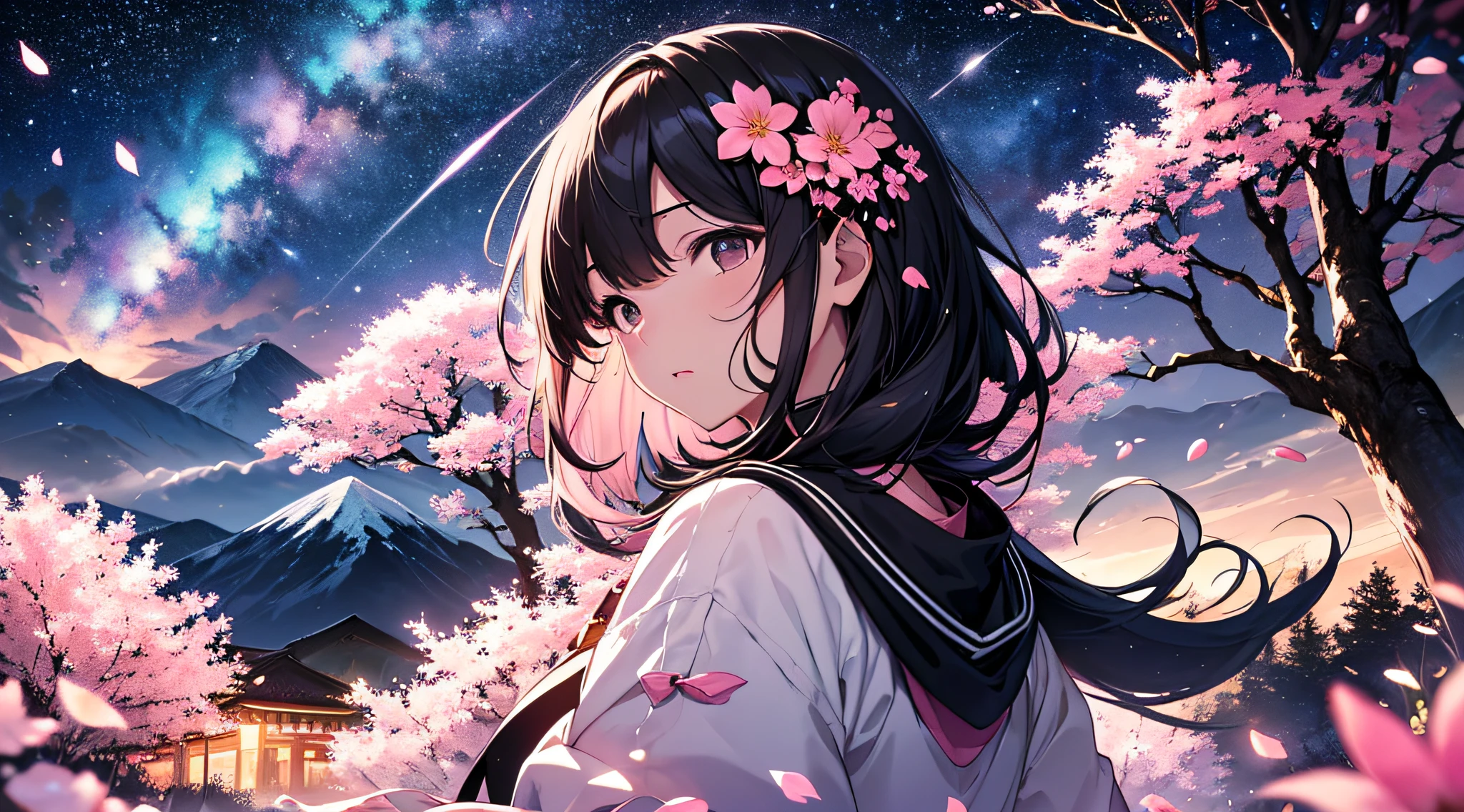 【Highest quality, masterpiece】 [Girl, upper garment, facial expression, black eyes, front facing, black hair, walking, upper body] (Night starry sky, giant old tree, glowing pink petals in the back, pink petals glowing in the back, shrine in the back, mountain background, blowing wind, meteor cloud)