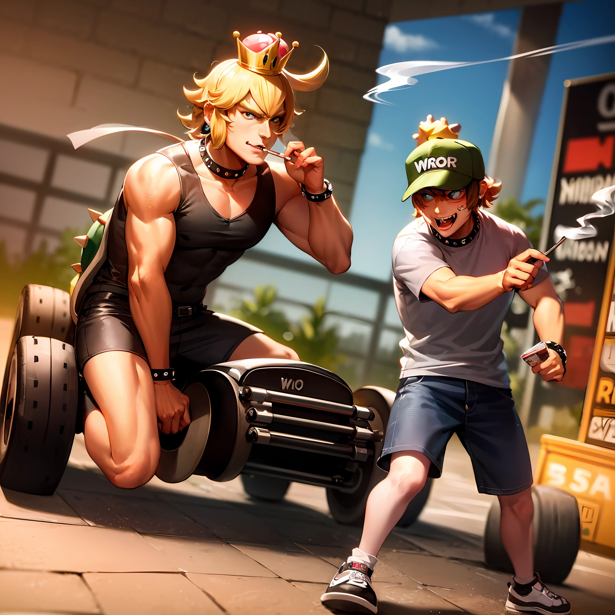 Wario on a go kart drinking whisky and smoking cigarettes