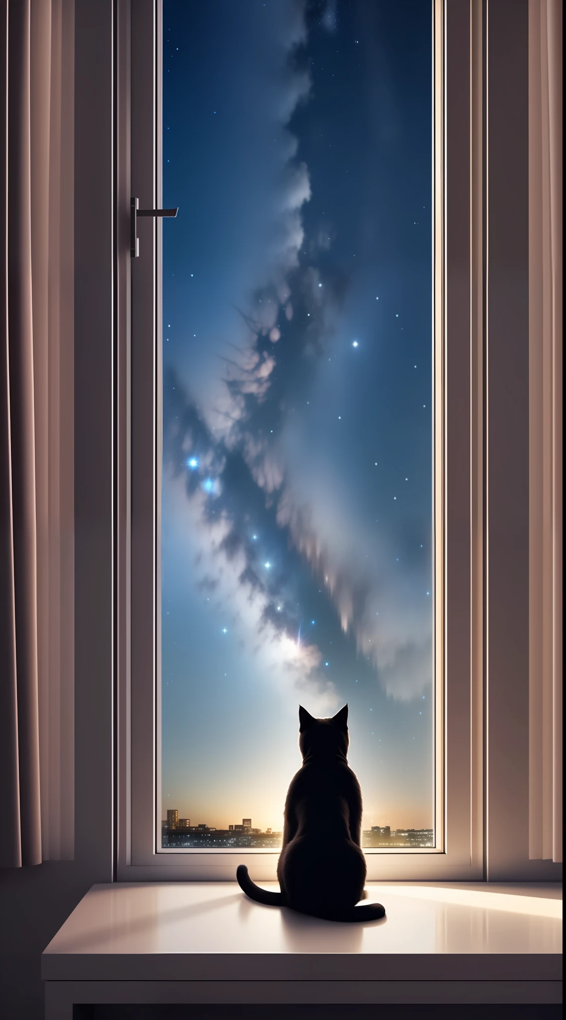 A cat sits on the couch and looks out the window, the starry sky outside the window, the masterpiece,UHD,super detail,Crystal clear,movie light,volumetric lighting