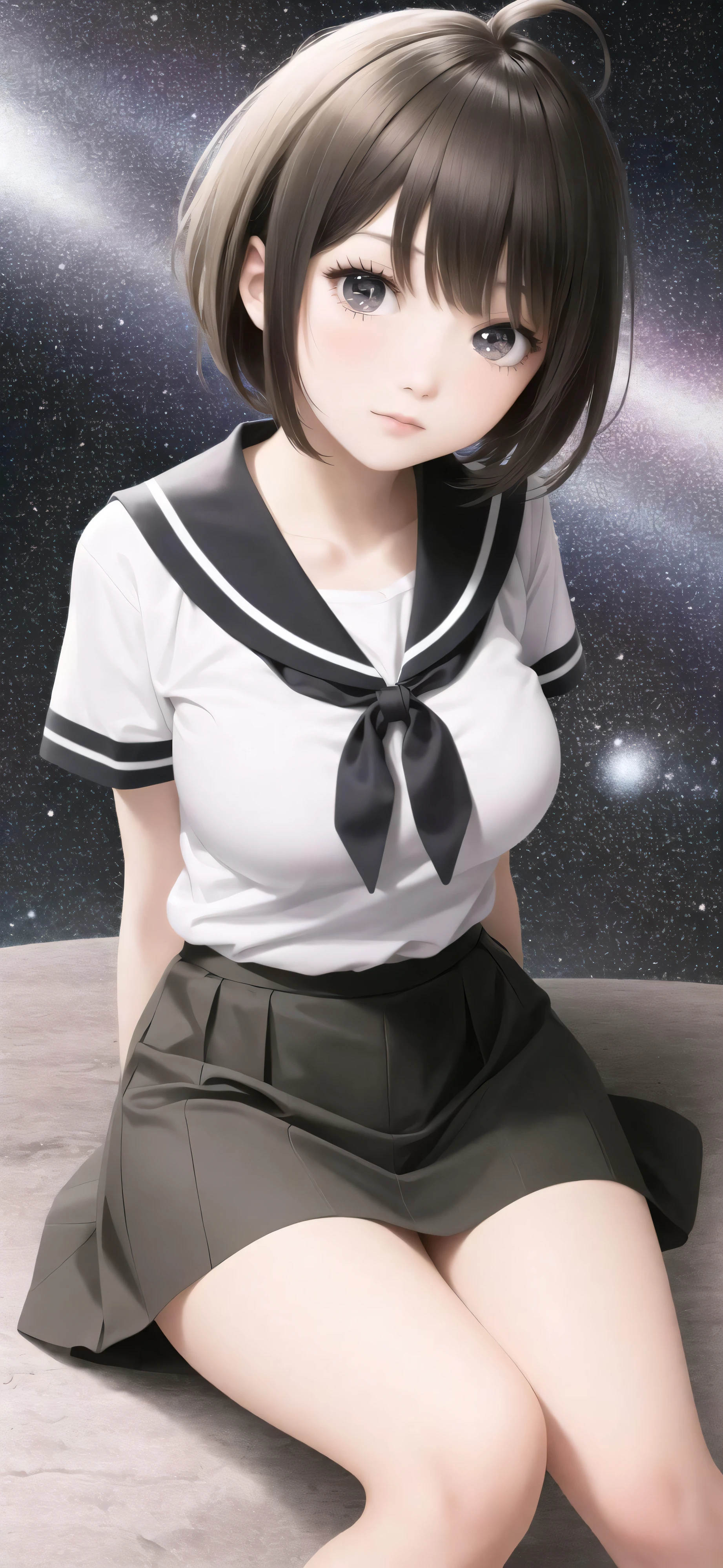 solo, 1girl, full body, in space, stars, earth \(planet\), looking at viewer, naegi komaru, short hair, brown hair, (ahoge), serafuku, white shirt, blue sailor collar, red neckerchief, blue skirt, large , sitting