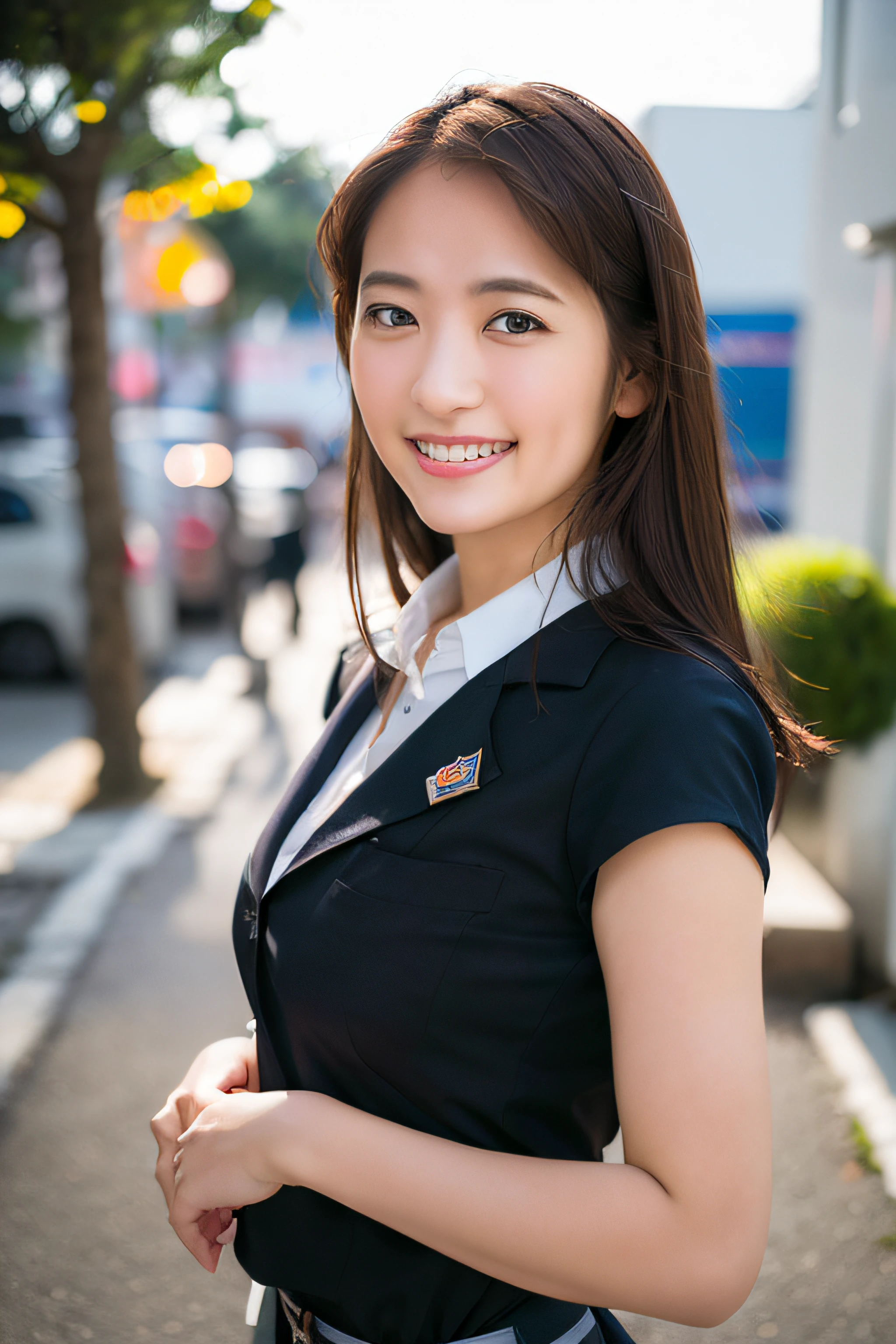 1girl, happy, smiling, (at street:1.2), ((office uniform:1.2)),night, RAW photo, (photorealistic:1.37, realistic), highly detailed CG unified 8K wallpapers, looking at viewer, (((straight from front))), (HQ skin:1.8, shiny skin), 8k uhd, dslr, soft lighting, high quality, film grain, Fujifilm XT3, ((upper body:1.6)), (professional lighting:1.6)