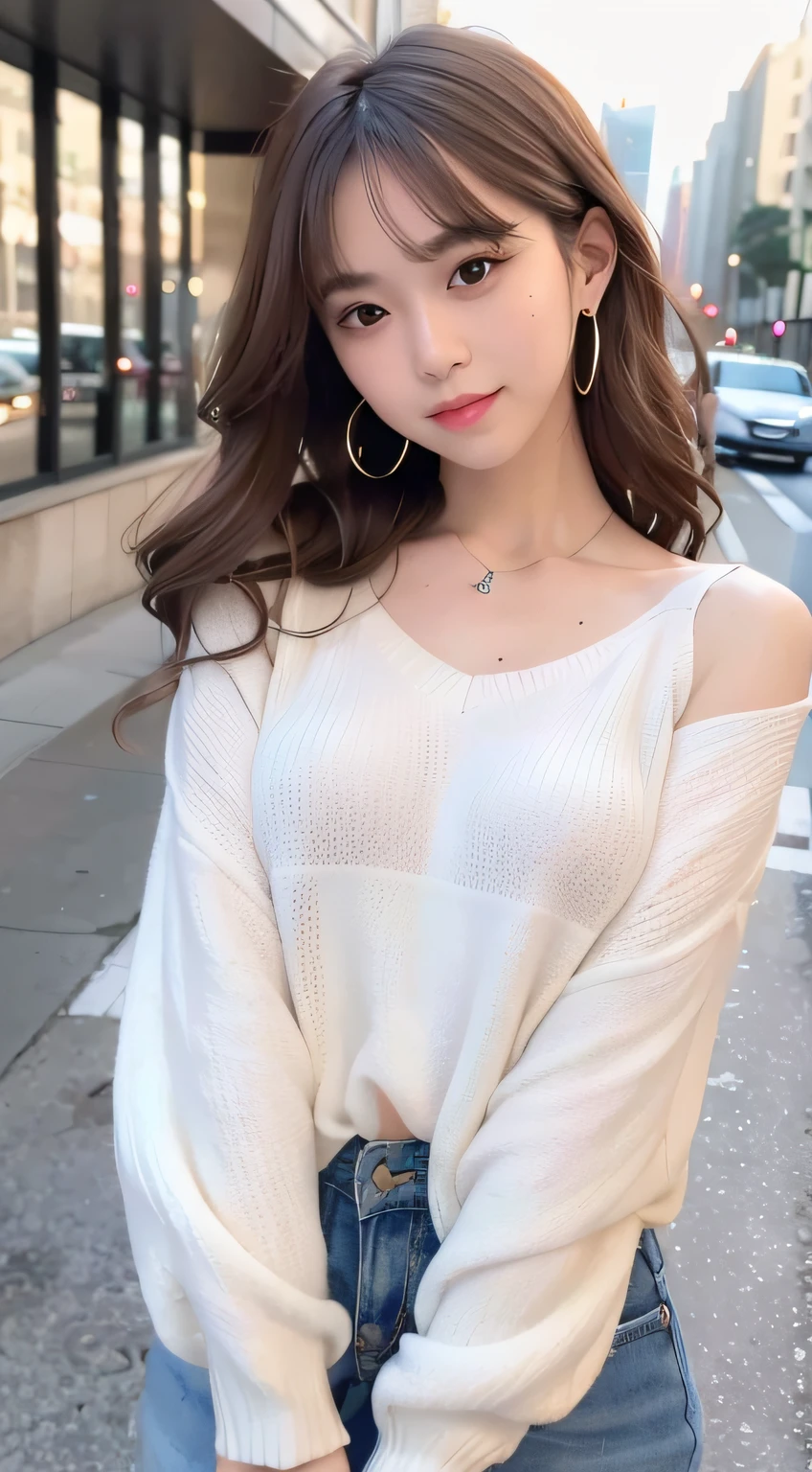 Girl with Camera、mix4、(8K、Raw photography、top-quality、masterpiece:1.2)、(realisitic、Photorealsitic:1.37)、1girl in、cute little、A city scape、natta、Sateen、Wetty、profetional lighting、photon maping、Radio City、physically-based renderingt、Gradient Brunette Hair、short curly hair、a handsome、Girly、White Ball Set、superior image quality、hight resolution、1080p、(Clear face)、(Detailed face description)、(Detailed hand description)、(masuter piece)、(Exquisite CG)、 extreme light and shadows、hair messy、masterpiece、abundant detail、(Exquisite facial features)、(Top image quality)、(masterpiece)、(Eye of Detail)、Looking forward to your eyes、Delicate collarbones、((Casual wear))、Sweaters、full bodyesbian