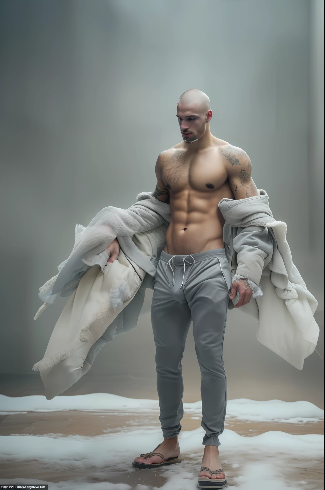 ((indoor gray dirty backdrop)), couple of young beautiful males, running, (((!entire body view!))), young smooth men duo, g-string, singularity, a surrealist photography, looking across the shoulder, leaked, side view, detailed conceptual realistic photography, with band, pulling strings, wearing loincloth, ((from head to toe)), male boner bulge, detailed skin texture 8k, dirty:1, buzzcut, that is standing in the snow, feathers growing out of skin, triptych, parody work, art », pale bluish skin, wrapped arms, idealised, bucolic, diptych, dust clouds | homoerotic@pepepipo
