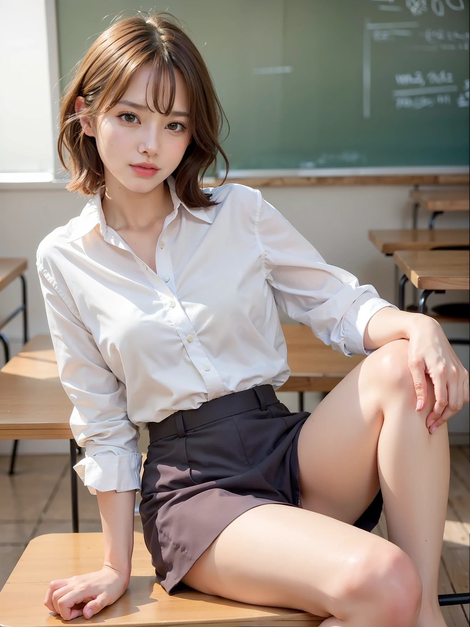 ((top quality, 8k, masterpiece: 1.3, raw photo)), Sharp Focus: 1.2, (1 aespa girl: 1.2), (Realistic, Photorealistic: 1.37), (face focus: 1.1), cute face, ultra detailed face, small breasts, flat chest, brunette short messy hair, kindness, (white long button down shirt: 1.2), Skirt Boldly Pulled Up With Your Hands ((Sit on a Chair and Open Your Legs Wide)), beautiful girl sitting at the classroom, sunlight, movie lighting