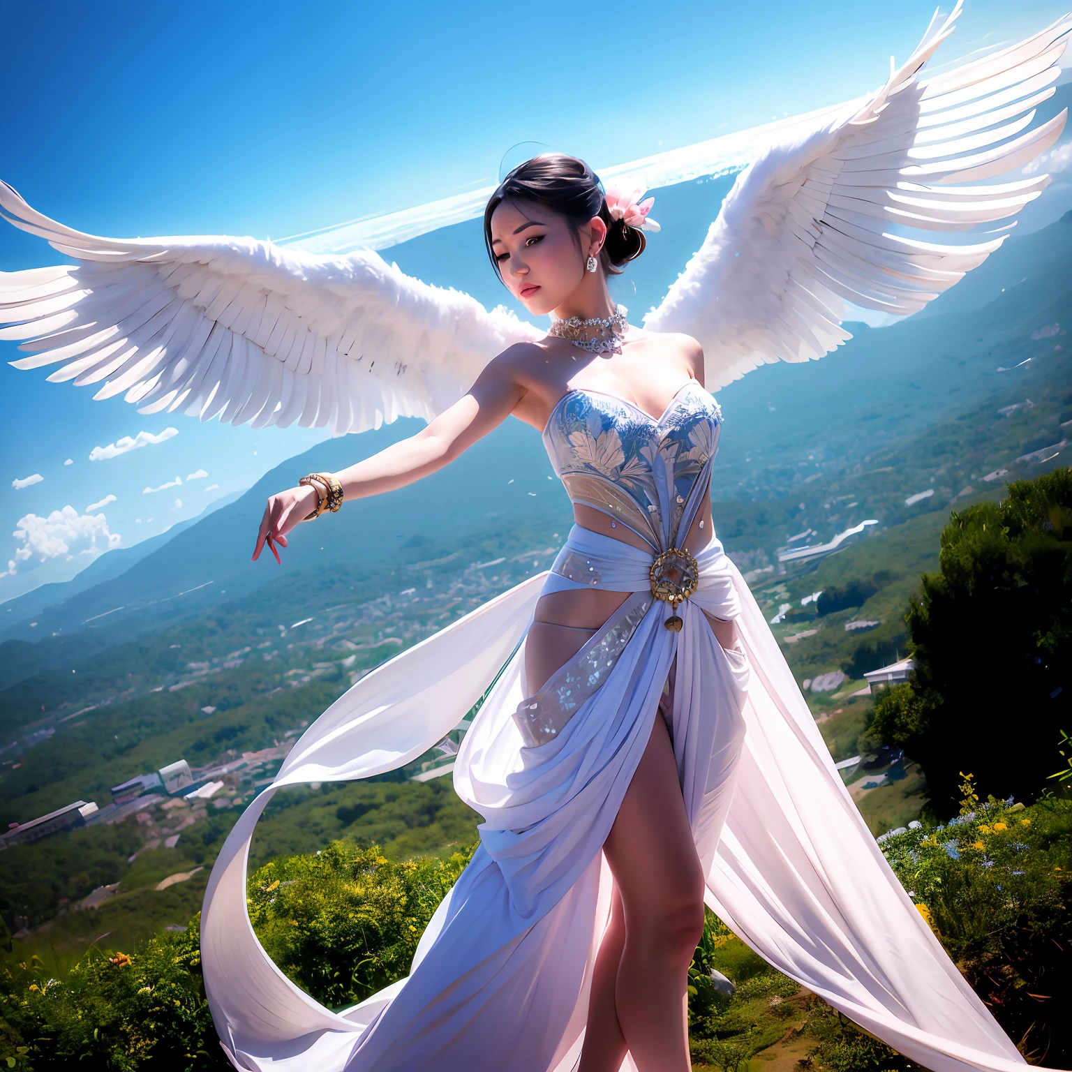 A color photo of a dance performance, beautiful angel face,realitic,batik_indonesia, batik, set against a backdrop of a heavenly palace in the clouds, next to the Jade Pool. The dancer is wearing an elegant and flowing costume, with long trailing sleeves that resemble feathered wings. The dancer's movements are graceful and fluid, as if she is flying in the sky. The atmosphere is divine and serene. The photo utilizes specific camera settings, including a particular camera model, film type, and lens techniques. A collaboration of creative professionals from various fields will work together to uniquely capture the beauty and magic of the dance