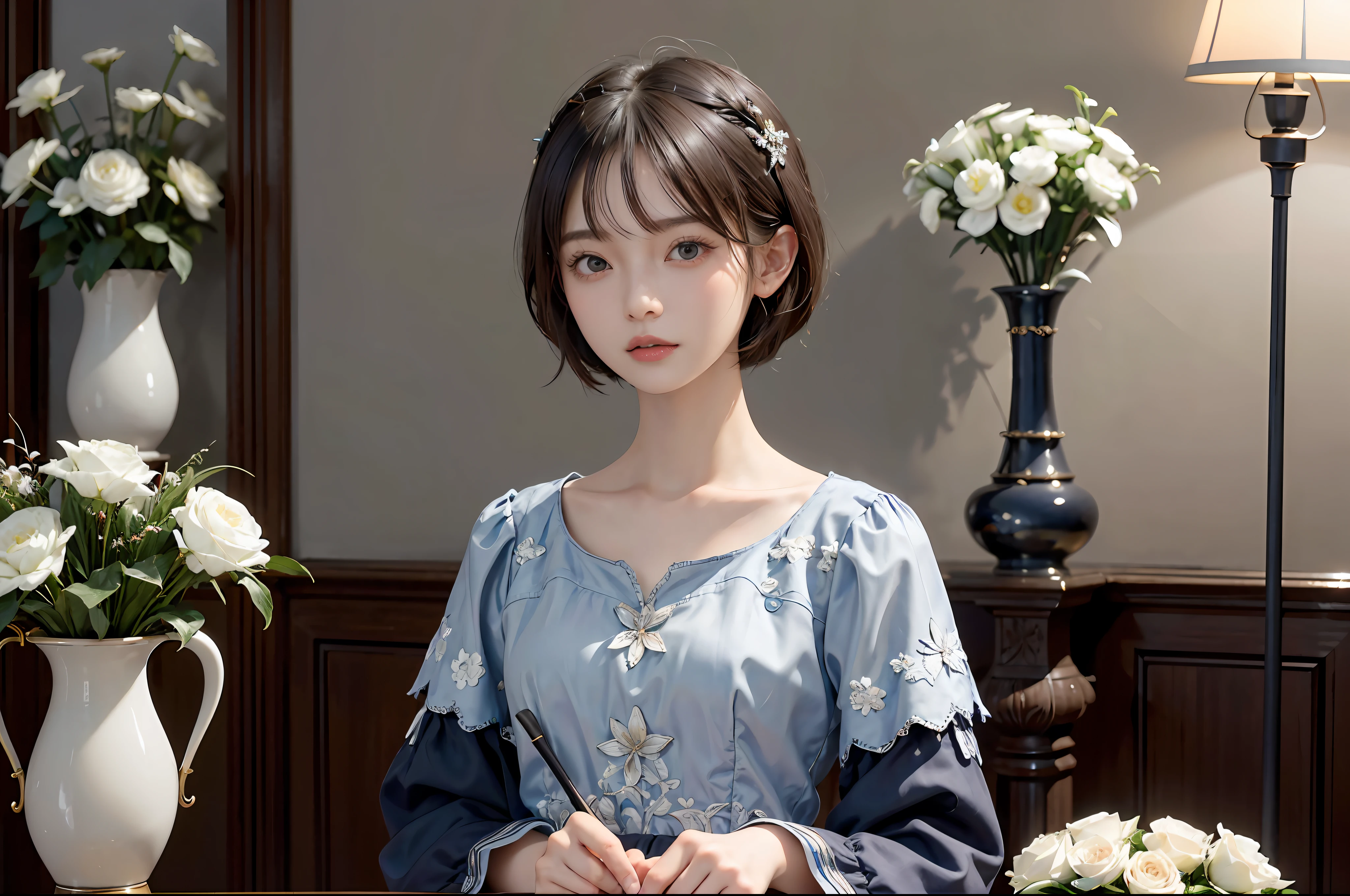 masterpiece, 1 beautiful girls, (((very_Short_hair))), Eye details, Swollen eyes, Top image quality, 超A high resolution, (Realistis: 1.4), OriginalPhotographs, 1girl in, Cinematographic lighting, japanes, Asian Beauty, Korean, very beautif, Beautiful skins, Thin, (A hyper-realistic), (hight resolution), (8 K), (ighly detailed), (The best illustrations), (beautifully detailed eyes), (ultra-detailliert), A detailed face, see the beholder, Facing straight ahead, Neat Clothing, shorth hair、A dark-haired、46-point diagonal bangs、Luxury hotel interior background、flower arrangement、vases、Neat and clean, Picture frame painting