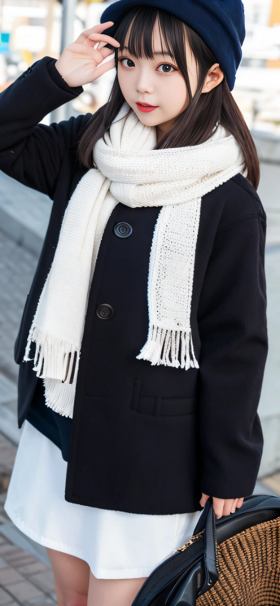 tmasterpiece,best qualityer,1girll,独奏,brunette color hair,围巾,bucket-hat,realisticlying,looking at viewert,黑The eye,long whitr hair,Manteau,winter clothes,White scarf,cparted lips,By bangs,exteriors,Keep one's mouth shut,The upper part of the body,smallunderboob