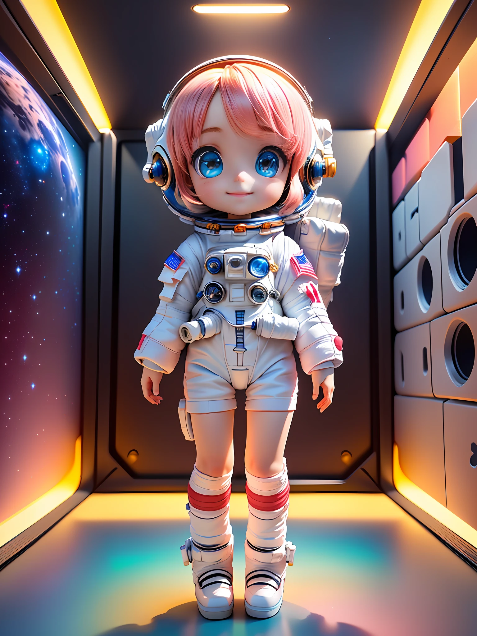 Super cute girl full body 3D picture, 1 pc, good looking eyes, big eyes, cute, happy, c4d, pop matt blind box, pink long hair, glowing bubbles, toys, solid color background, chibi, fluorescent translucency, luminous body, kawaii, doll, (((astronaut, spacesuit))), reference table, pop mart blind box, Pixar, complex details, 3d rendering, blender, OC renderer, fol body reference sheet, Dribble, High Details, 8K, Studio Lighting, Loli, Petite, Child, Chibi, SD characters: 1.1, Magic Space Warehouse background