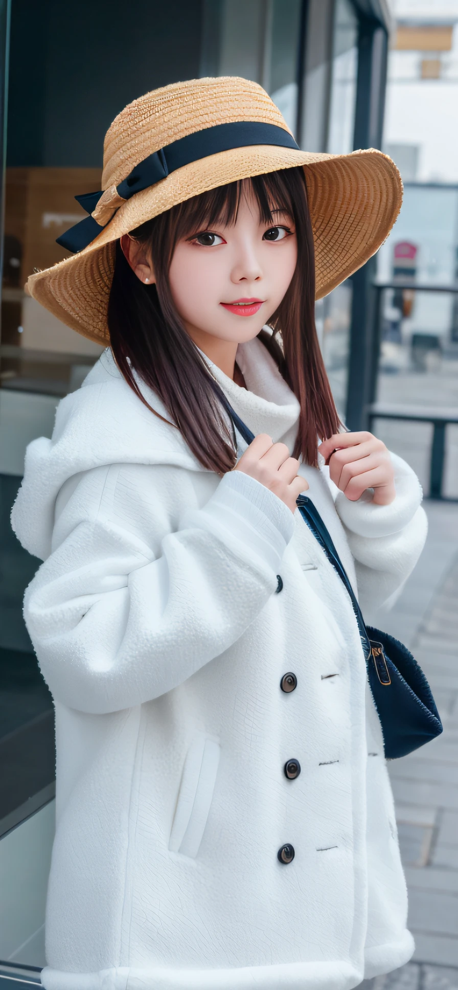 tmasterpiece，best qualityer，1girll，独奏，brunette color hair，围巾，bucket-hat，realisticlying，looking at viewert，黑The eye，long whitr hair，Manteau，winter clothes，White scarf，cparted lips，By bangs，exteriors，Keep one's mouth shut，The upper part of the body,smallunderboob