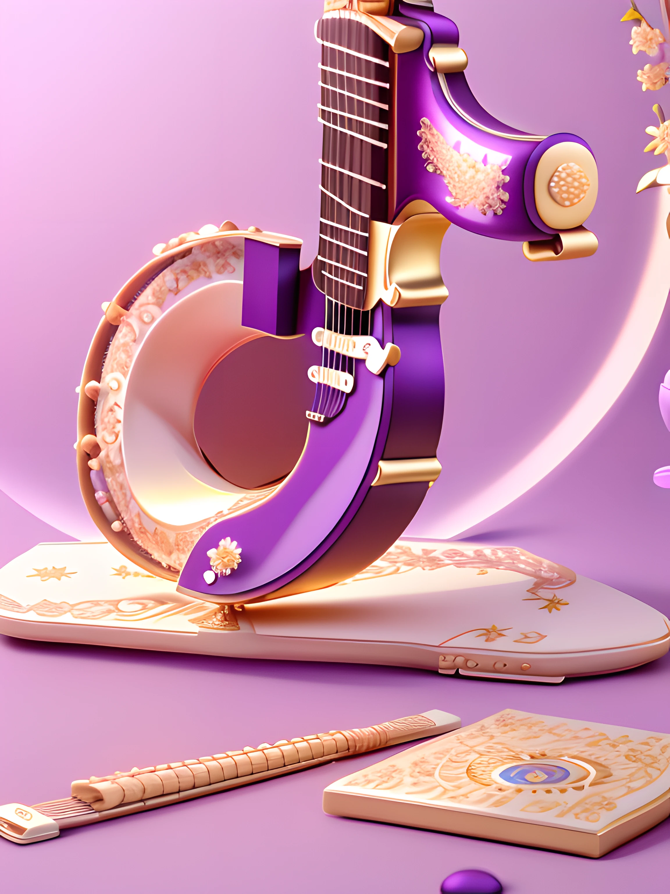kosmos,Purple white,fond violet,starrysky:2,Golden curves,TikTok symbols(Internal guitar,microphones,Kim Violin,Golden magnolia flowers:2,Golden Bamboo),Gold plastic armor,Funeral style,Xianxia TV series