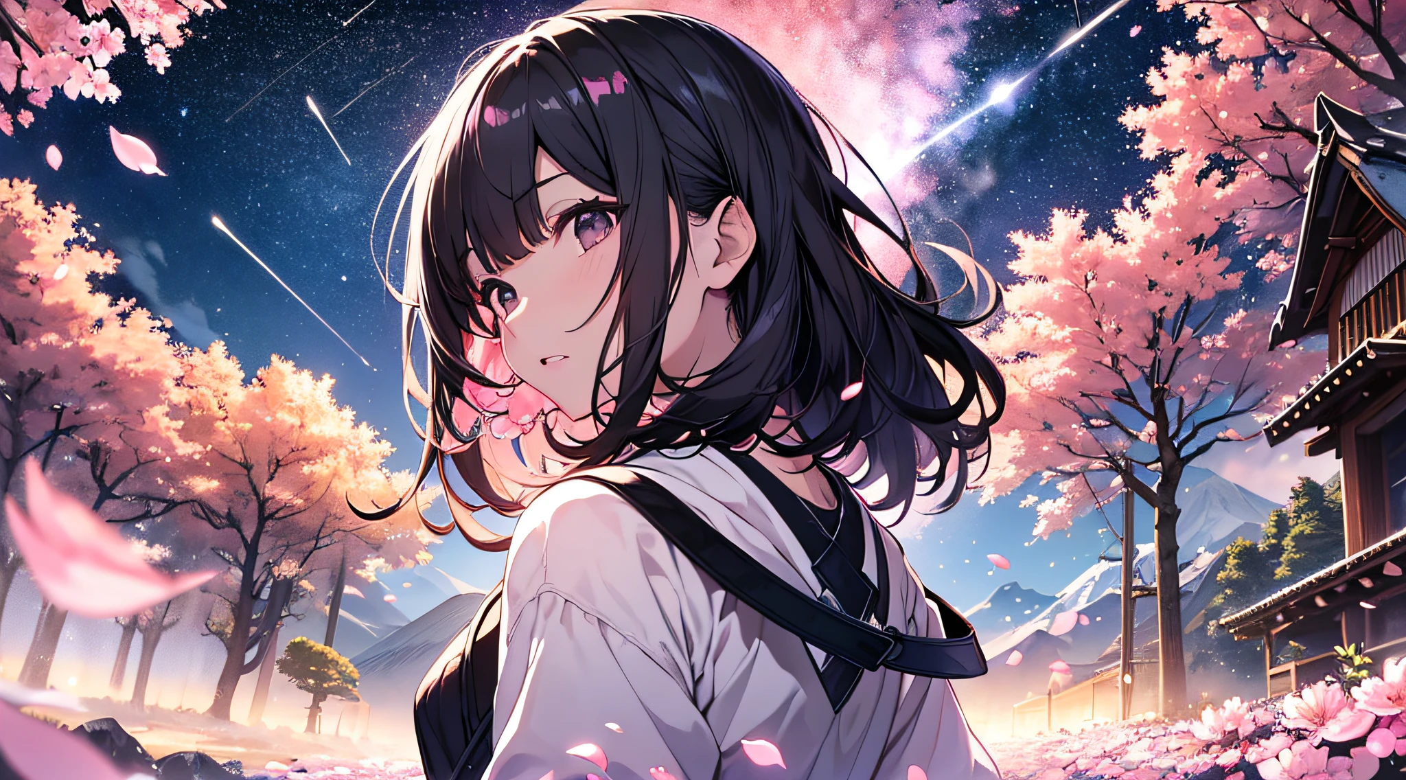 【Highest quality, masterpiece】 [Girl, upper garment, facial expression, black eyes, front facing, black hair, walking, upper body] (Night starry sky, giant old tree, glowing pink petals in the back, pink petals glowing in the back, shrine in the back, mountain background, blowing wind, meteor cloud)
