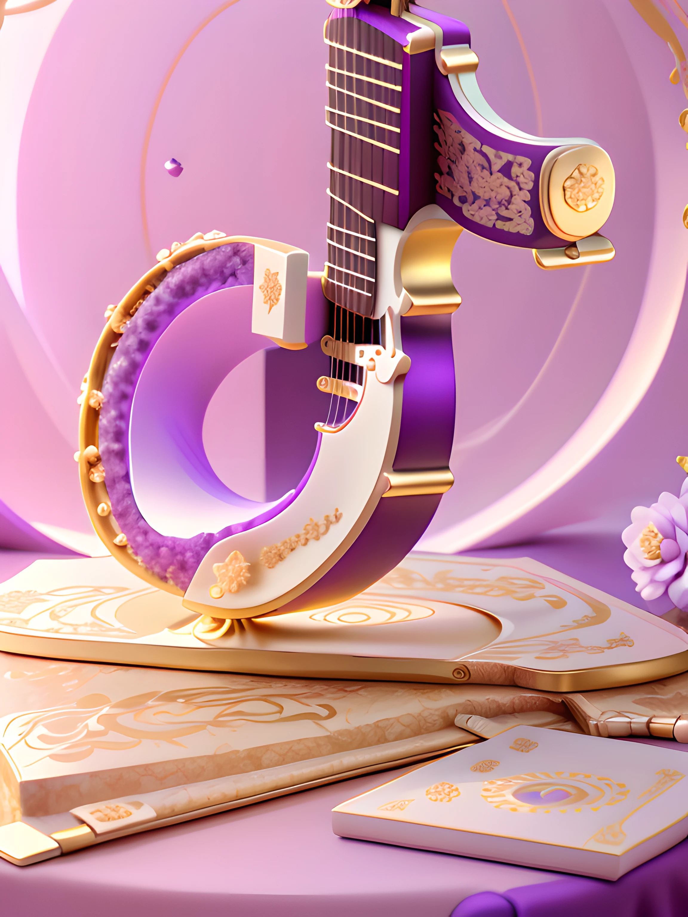 kosmos,Purple white,fond violet,starrysky:2,Golden curves,TikTok symbols(Internal guitar,microphones,Kim Violin,Golden magnolia flowers:2,Golden Bamboo),Gold plastic armor,Funeral style,Xianxia TV series