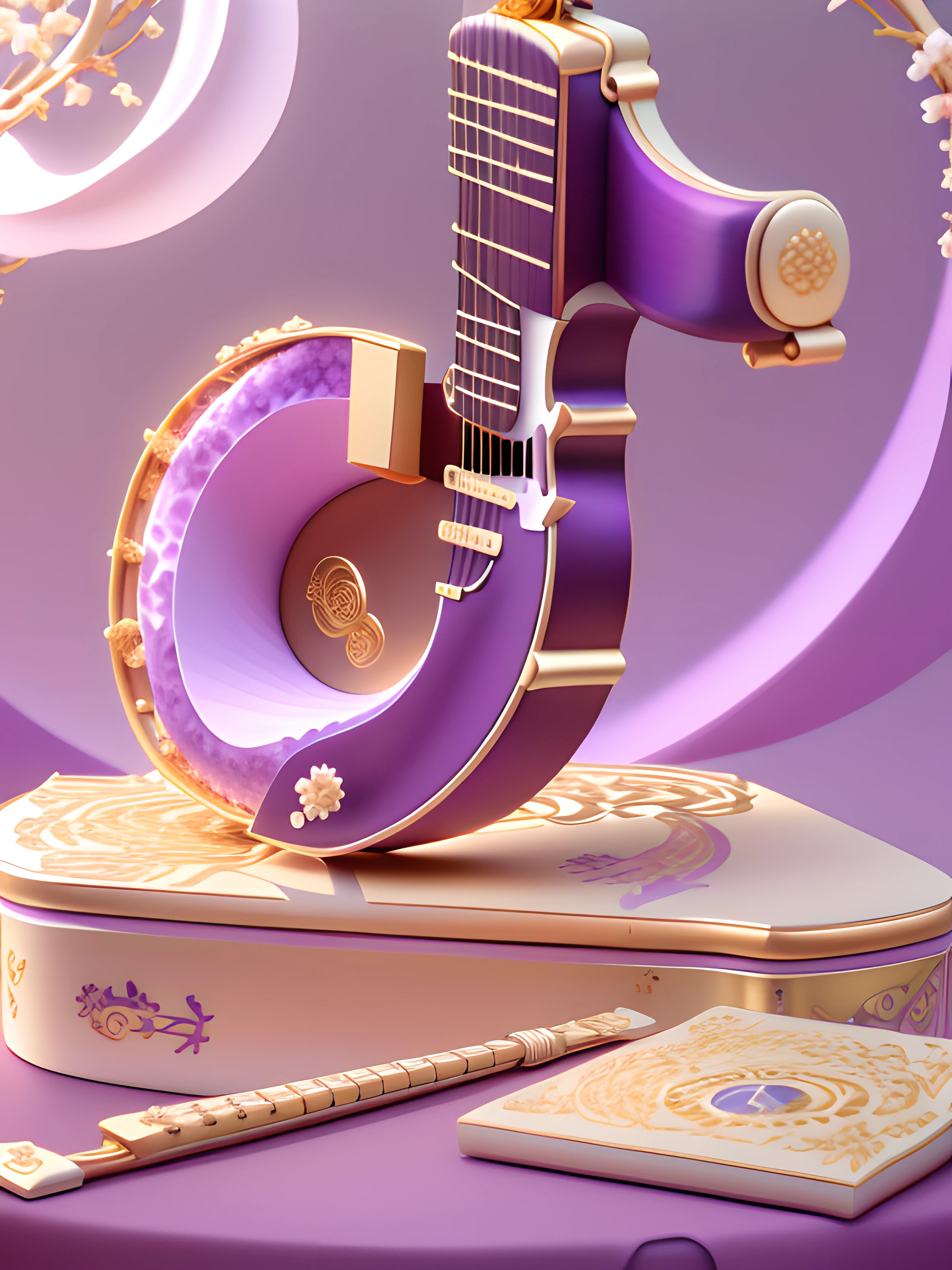 kosmos，Purple white,fond violet，starrysky:2,Golden curves,TikTok symbols（Internal guitar，microphones，Kim Violin，Golden magnolia flowers:2，Golden Bamboo），Gold plastic armor，Funeral style，Xianxia TV series