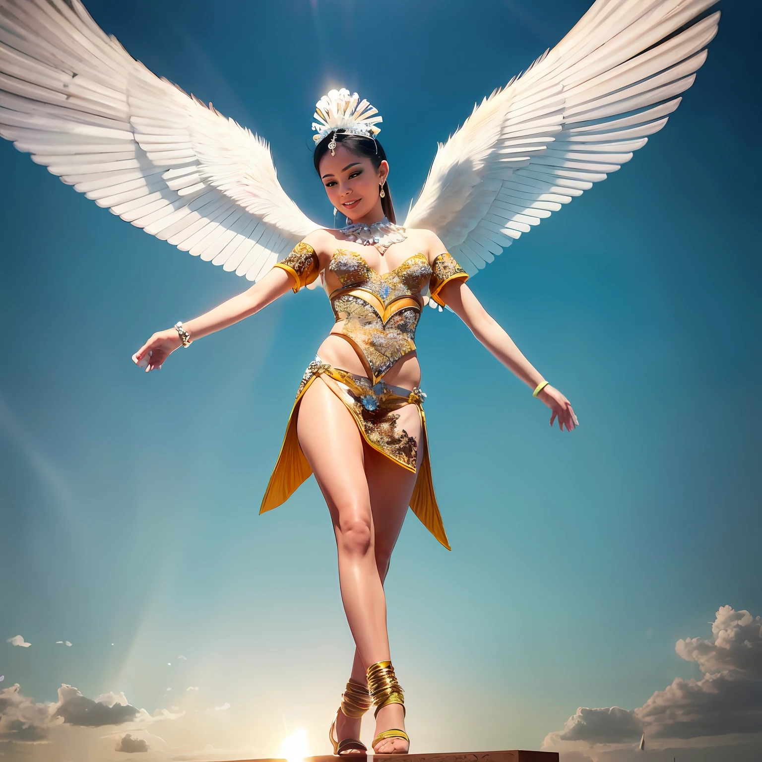 A color photo of a dance performance, beautiful angel face,realitic,batik_indonesia, batik, set against a backdrop of a heavenly palace in the clouds, next to the Jade Pool. The dancer is wearing an elegant and flowing costume, with long trailing sleeves that resemble feathered wings. The dancer's movements are graceful and fluid, as if she is flying in the sky. The atmosphere is divine and serene. The photo utilizes specific camera settings, including a particular camera model, film type, and lens techniques. A collaboration of creative professionals from various fields will work together to uniquely capture the beauty and magic of the dance