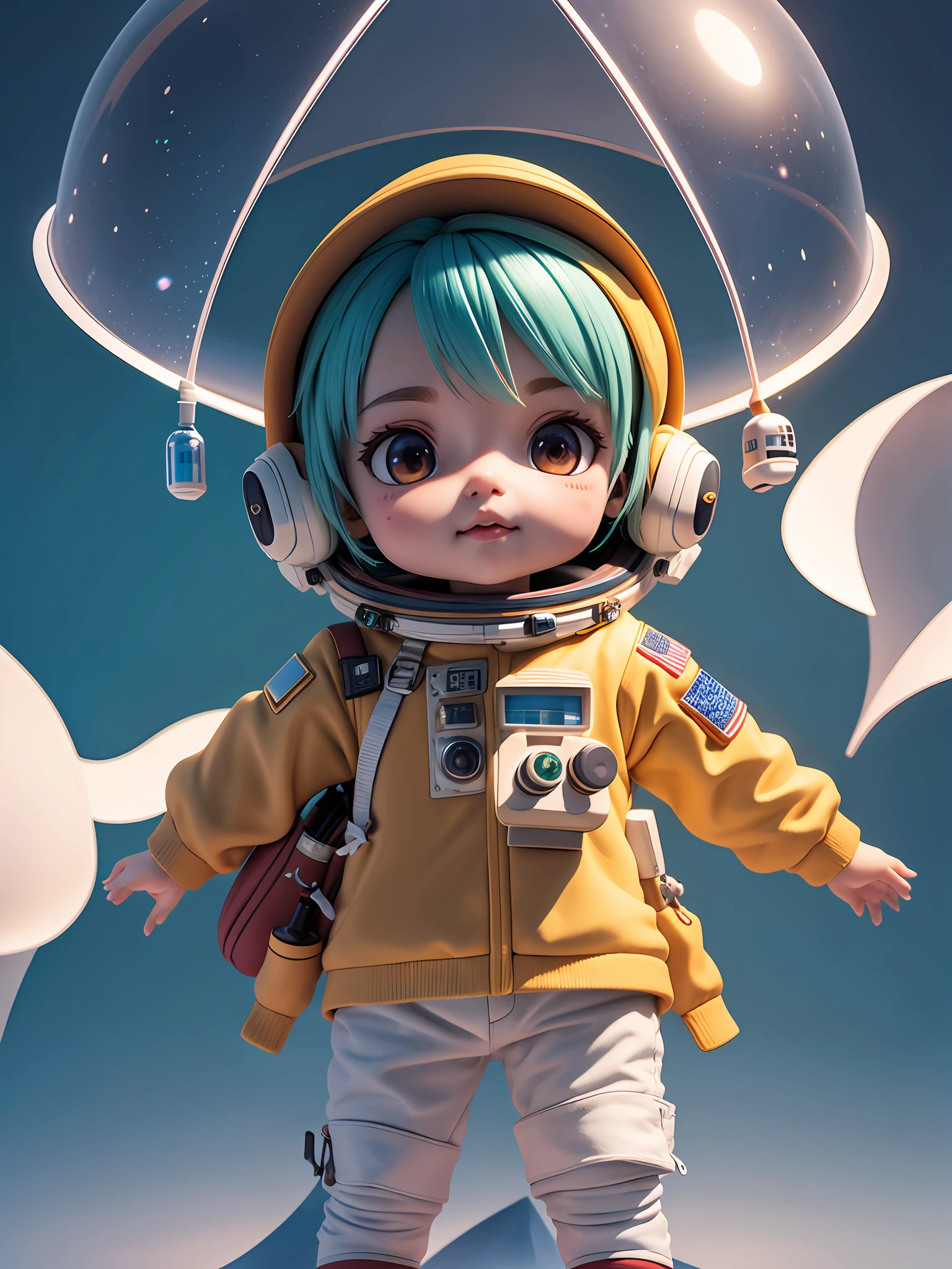 There is a little doll, cute 3d rendering, little astronaut looking up, portrait anime space cadet boy, cute 3d anime boy rendering, cute detailed digital art, male explorer mini cute boy, 3d rendering stylized, 3d rendered character art 8k, cute digital painting, anime style 3d, super detailed rendering