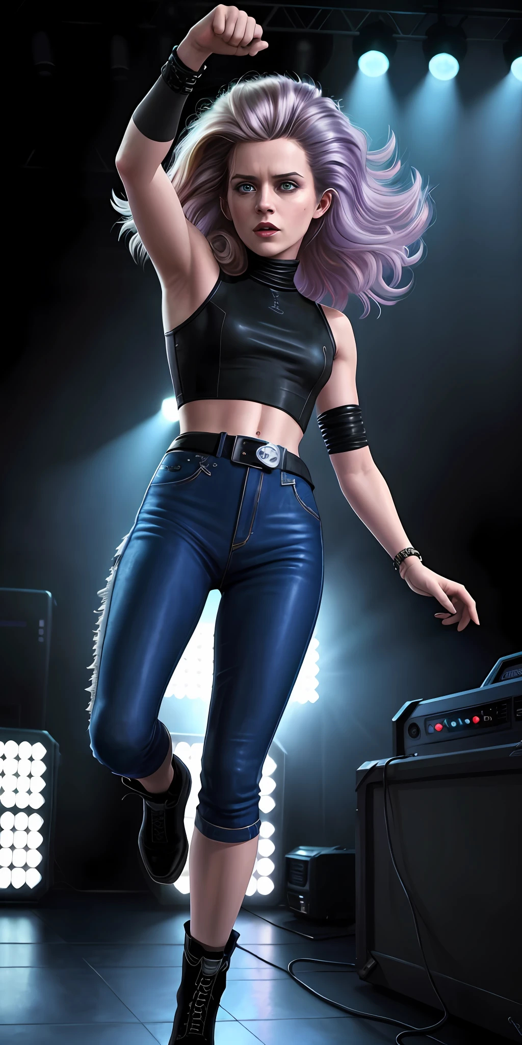 A (waist up:1.2) cinematic photorealistic color digital painting of Ellen Louise Ripley with the (80's heavy metal rock star hair style:1.2) jump in stage, detailed face, insanely detailed and intricate, crisp sharp and clear, volumetric lighting, ultra-high resolution, masterpiece hyper realistic artwork of Don Lawrence, centered, Professional color grading by Kenneth Hines Jr.