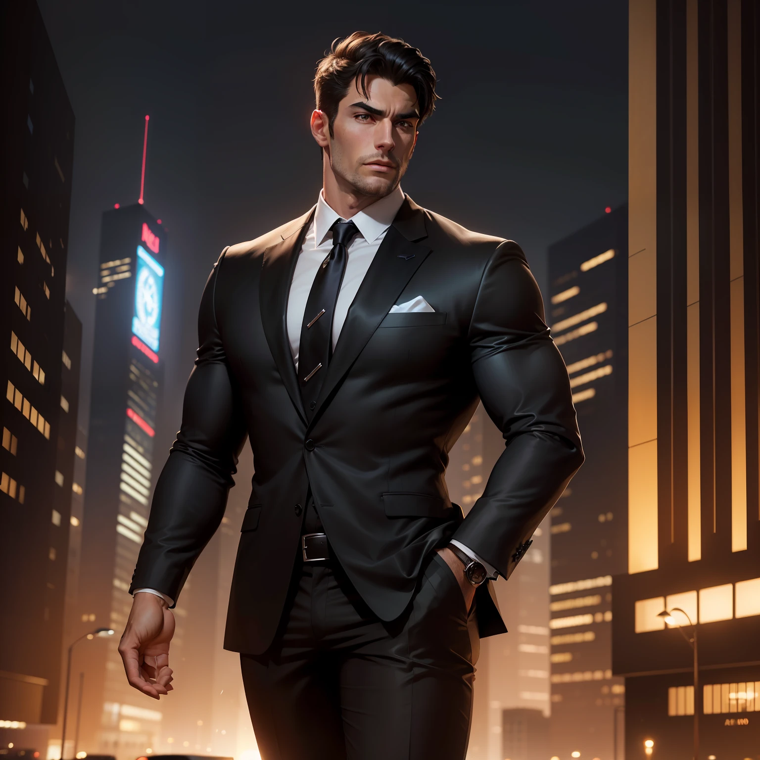 (absurdres, highres, ultra detailed, realistic, ), 1 male, solo, adult, mature, tall muscular guy, broad shoulders, handsome, very short hair, black hair, brown eyes, angular jaw, thick neck, thick eyebrows, night, dark, the night view of the city background, formal suit, necktie, upper body