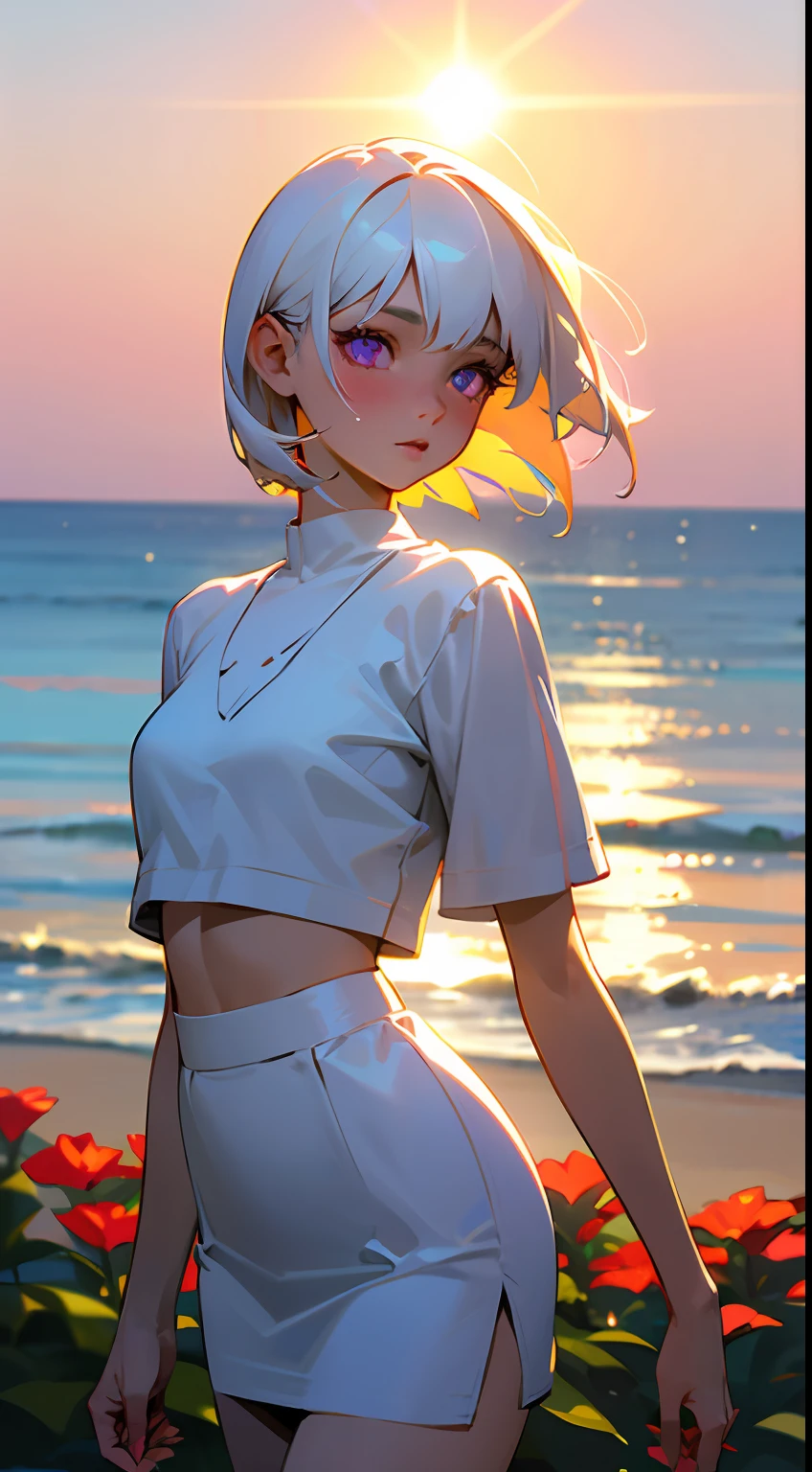 Realistic, 1girl, white hair, purple eyes, glowing eyes, cropped top, skirt, parted lips, blush, night, flowers, sun, sunlight, white skirt, short skirt, medium length hair, real, warm colors, white short Dress, white clothes, light background color, day environment, bright color background, saudi, ocean, cute,