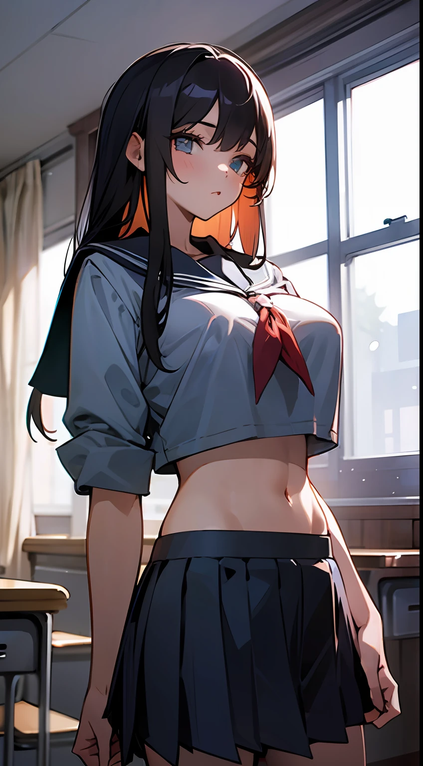 1girl,large breasts,midriff,
indoors,bedroom,standing,cowboy shot, ((school_uniform))