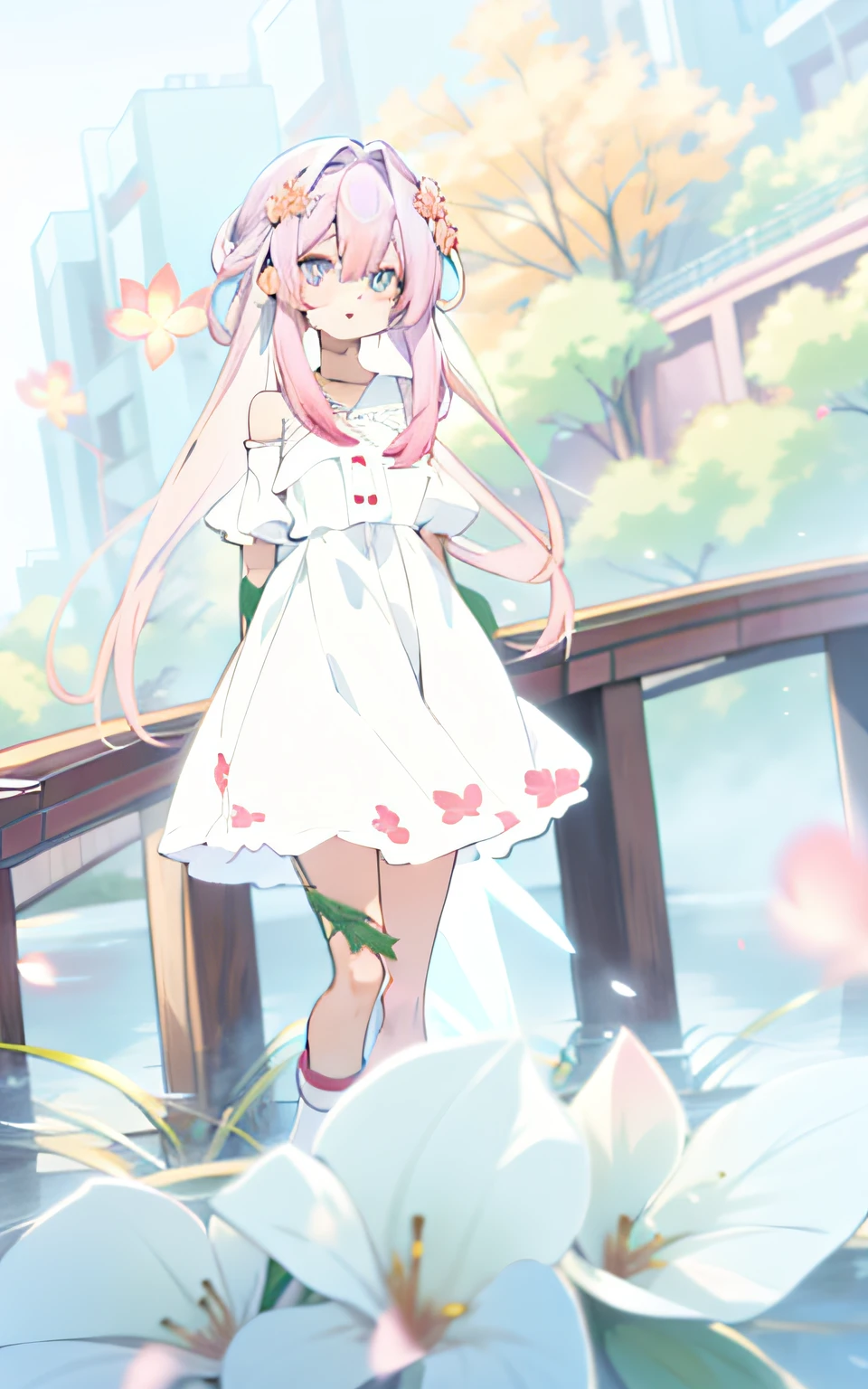 Anime girl with pink hair and white dress standing on bridge, Soft anime illustration, made with anime painter studio, anime art style, Anime art style, Anime Stylization, clean artstyle, drawn in anime painter studio, High Quality Anime Art Style, In anime style, in an anime style, dreamy psychedelic anime, anime moe art style, flat anime style shading,Lotus leaf,four-leaf clover,Buble