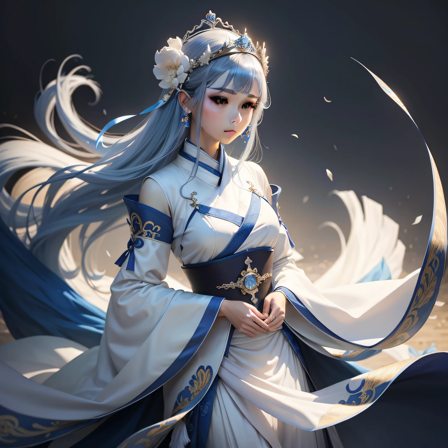 woman,tiara crown,Blue feathered hanfu,white backgrounid,