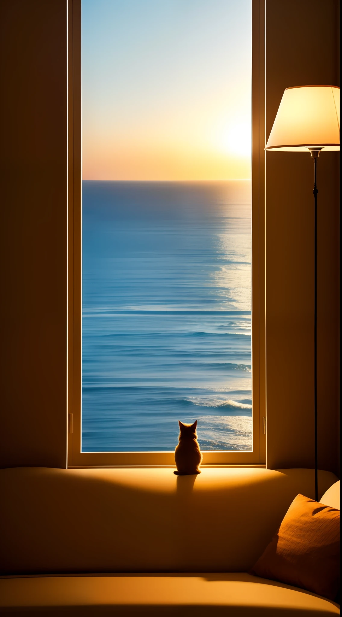 A cat sitting in a dimly lit room on a couch with a lamp looking out the window The sea outside the window Masterpiece,UHD,super detail,Crystal clear,movie light,volumetric lighting