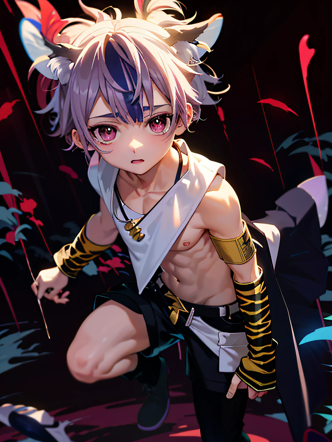 Anime boy in shorts,There are tiger tails and tiger tails on the arms, epic 8 k hd anime shot, style of anime4 K, detailed anime character art, Anime art wallpaper 8 K, Anime style. 8K, 4K anime wallpaper, Anime art wallpaper 4k, Anime art wallpaper 4 K, Detailed digital anime art, Anime wallpaper 4K, Anime wallpapers 4 k rest after a tough battle, Boy wearing boxing gloves,Muscular!!,with no shirt on posing for a picture,fightingpose,Fall down,wounded,full bodyesbian,Abs,shorter pants,abdominal muscles,