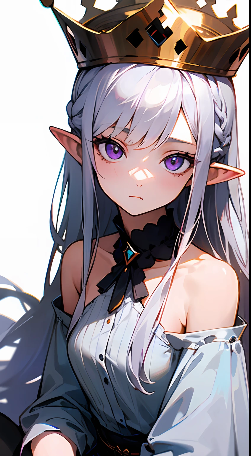 Best quality, highly detailed, masterpiece, ultra detailed, (reality: 1.2), 1 girl, (white background), simple background, delicate eyes, silver hair, purple eyes, hair_ornament, (white off-the-shoulder shirt: 1.3), long hair, pointy_ears, crown_braid, expressionless, straight hair, (++ sitting: 1.2), room,