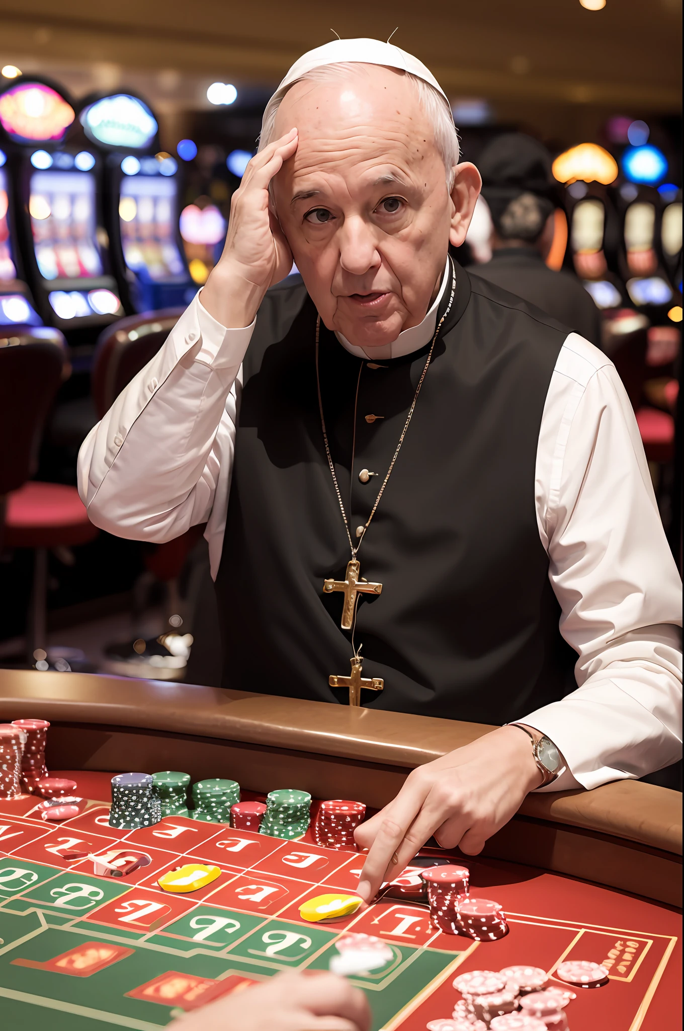 Papa francisco jugando a la maquina tragamonedas en un casino de los angeles rodeado de mujeres bellas , 4k, alta calidad,