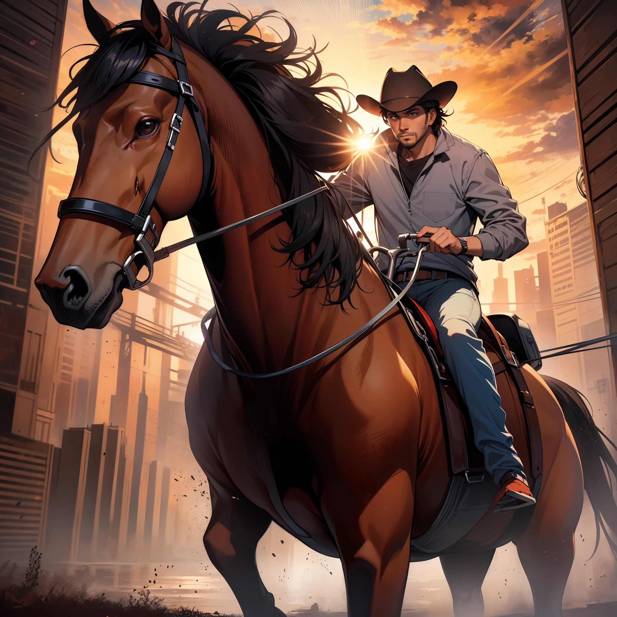 Red, dark red, light red, oil painting of a lone cowboy riding in the distance with the sun setting behind him