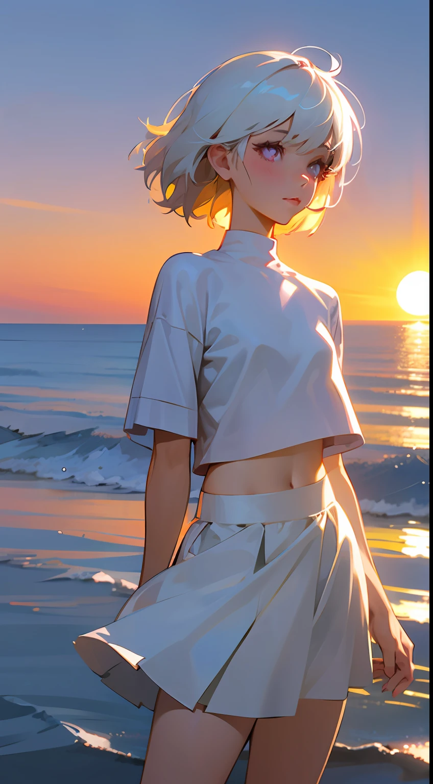 Realistic, 1girl, white hair, purple eyes, glowing eyes, cropped top, skirt, parted lips, blush, night, flowers, sun, sunlight, white skirt, short skirt, medium length hair, real, warm colors, white short Dress, white clothes, light background color, day environment, bright color background, saudi, ocean, cute,