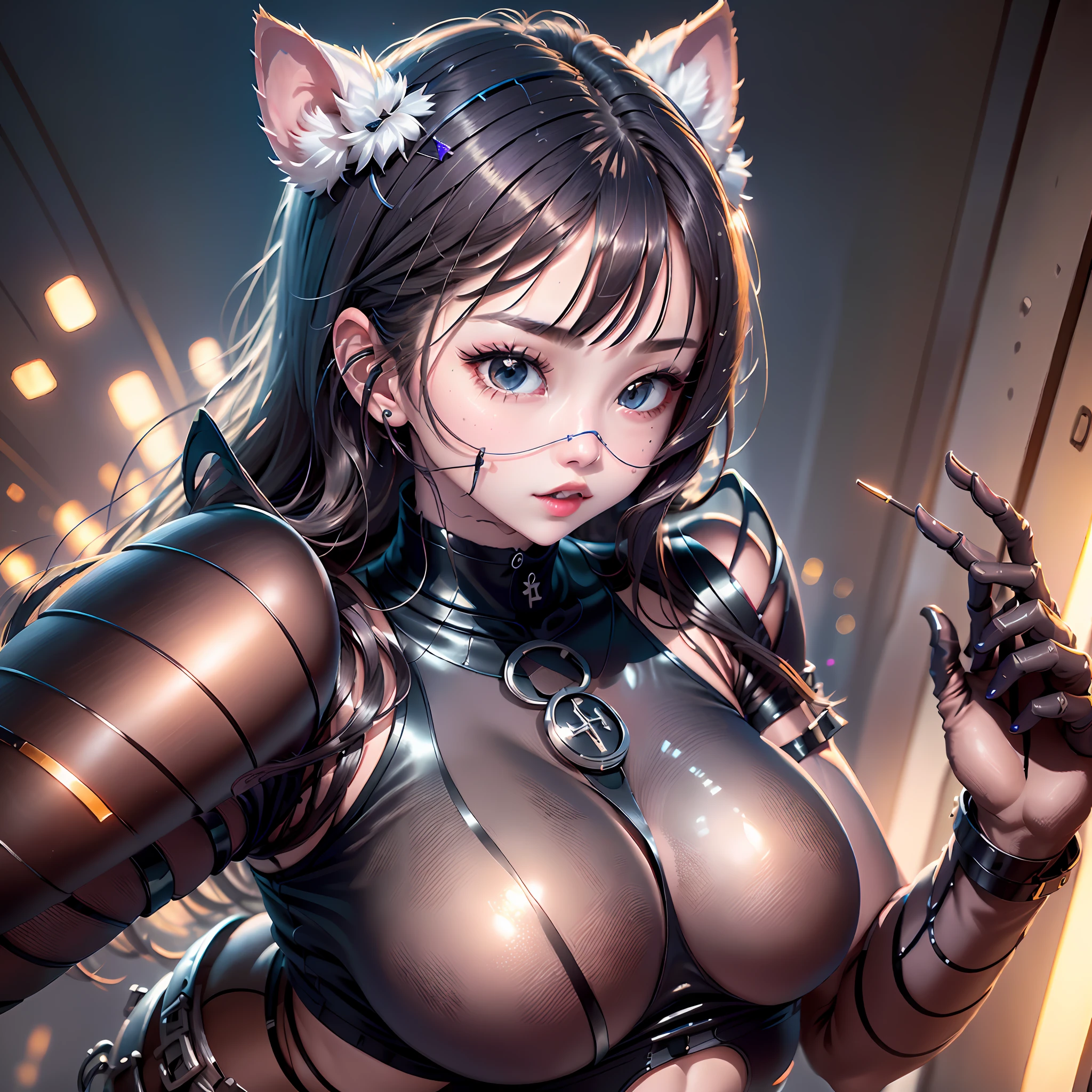 1girl, best quality, highly detailed, ultra-detailed, masterpiece, 8k wallpaper,black theme, red eyes, bad anatomy, absurdres, highres, super fine illustration, absurdres, solo, game cg, lord,at night, (blacklight:1), (detailed beautiful face and eyes:1), command spell,mecha musume,mask,mechanical parts, robot joints, full armor,upper body body, huge breasts,