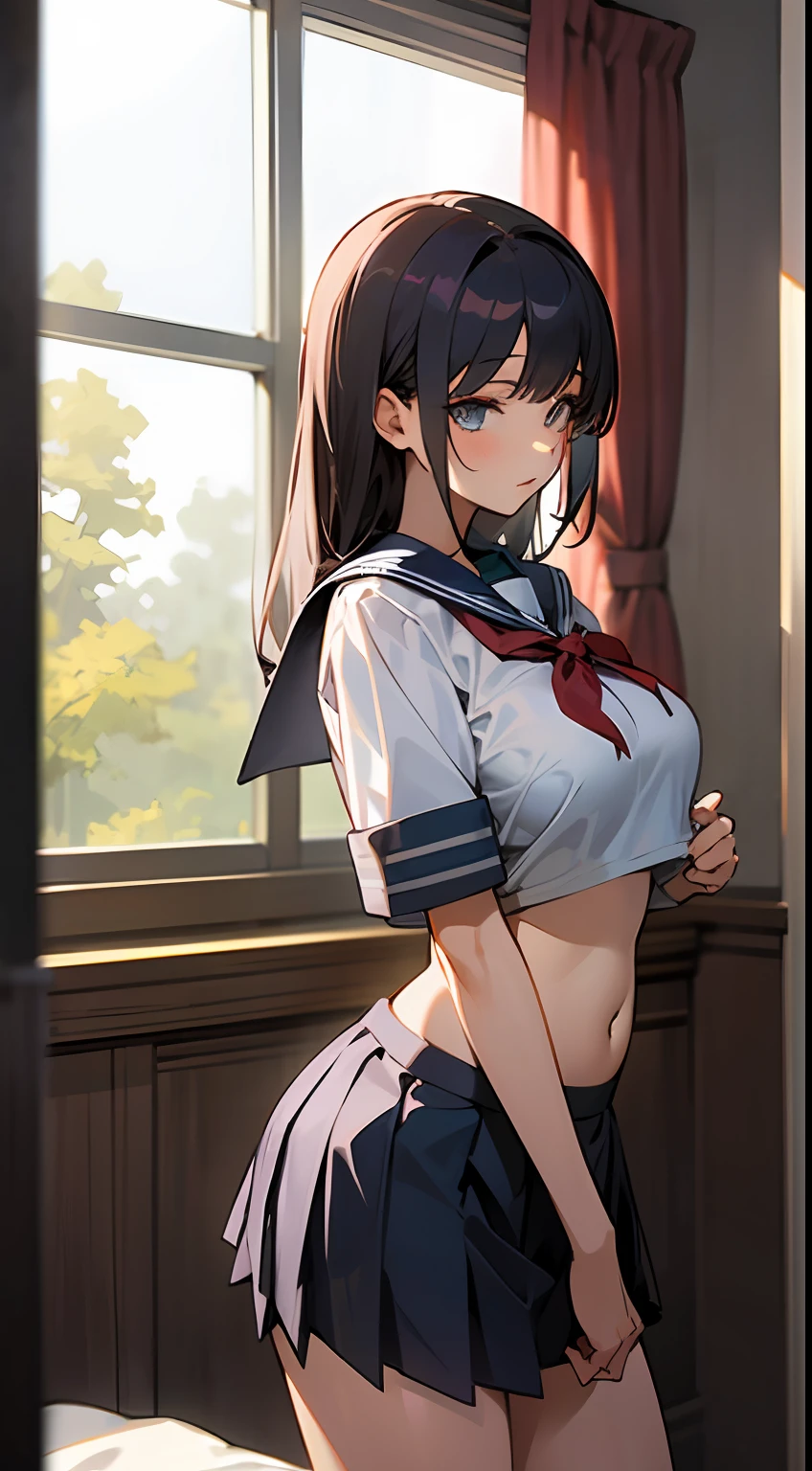 1girl,large breasts,midriff,
indoors,bedroom,standing,cowboy shot, ((school_uniform))