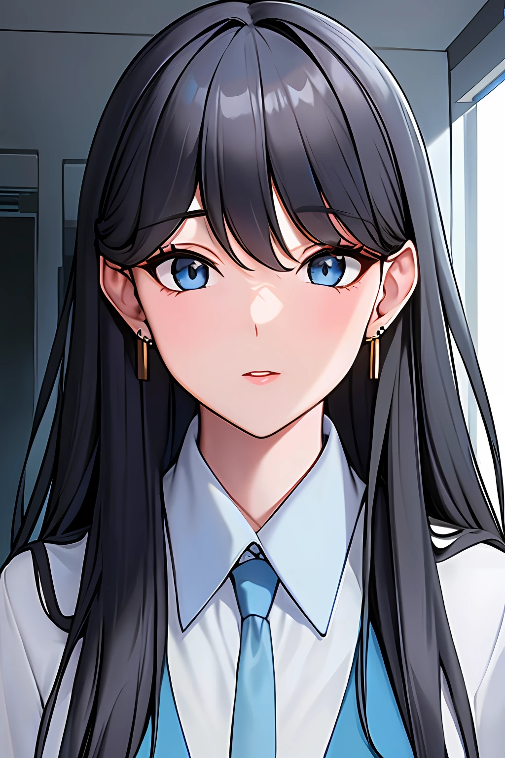 8k,(masterpiece:1.0),(best_quality:1.0),((light_black_long_hair)),((light blue office shirt)),((gray dress)),1girl,light_blue_eyes,earrings,front tie,top body,good-looking face,(eyes wide open),angle of view(from torso to head,looking at the picture,commenting,