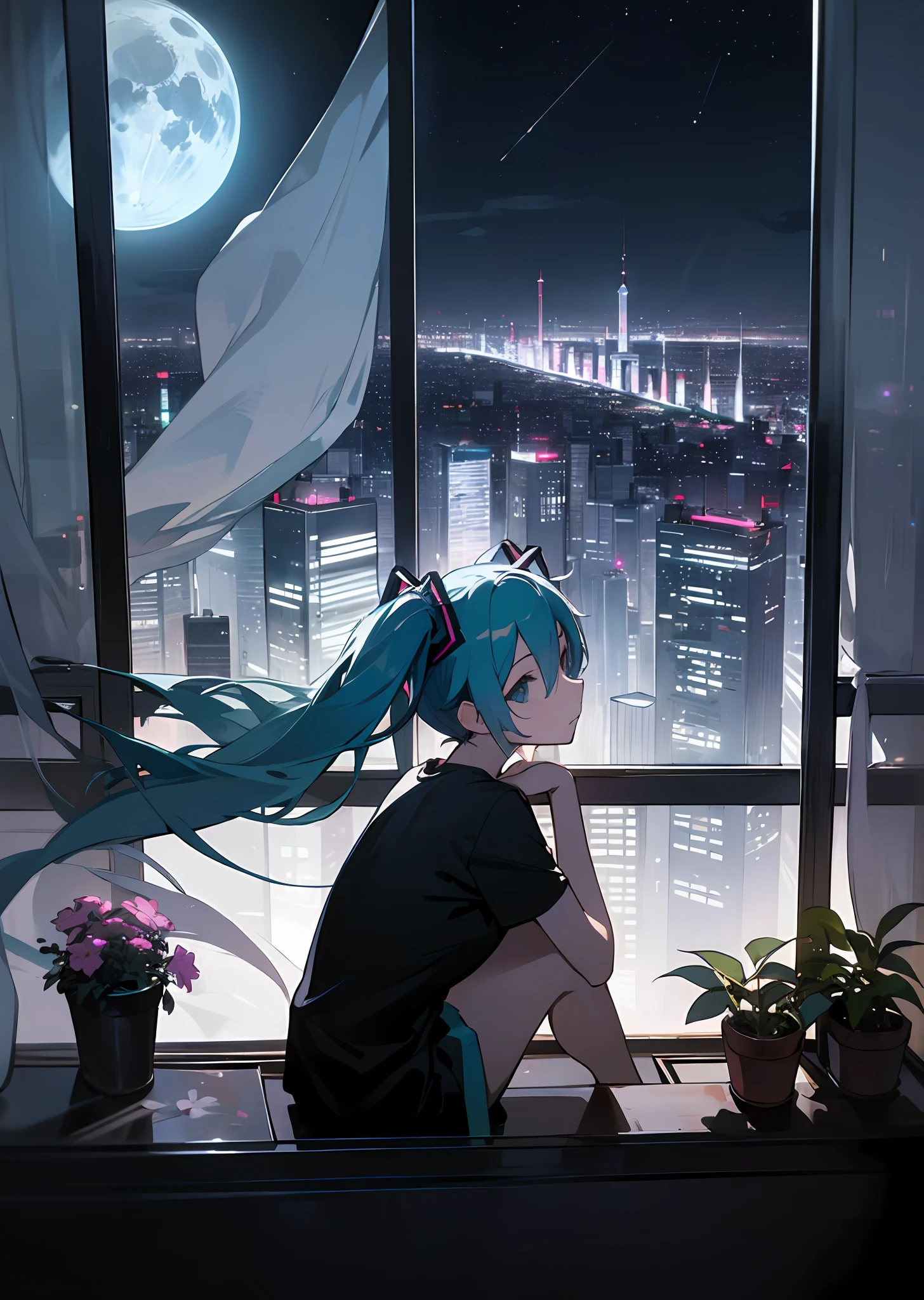 miku hatsune、独奏、sitting on、messy room、Looking into the distance、Black Rock T-Shirt、dark、City view at night from the window、darkened room、Flower pots on the windowsill、potted plant、Tulle transparent curtains、River embankment、along the river、Socialist classicism、highrise buildings、city light、Cityscape、a moon、clouds、Black sky、Lonely silhouette by the window、Lonely look、gazing into distance、